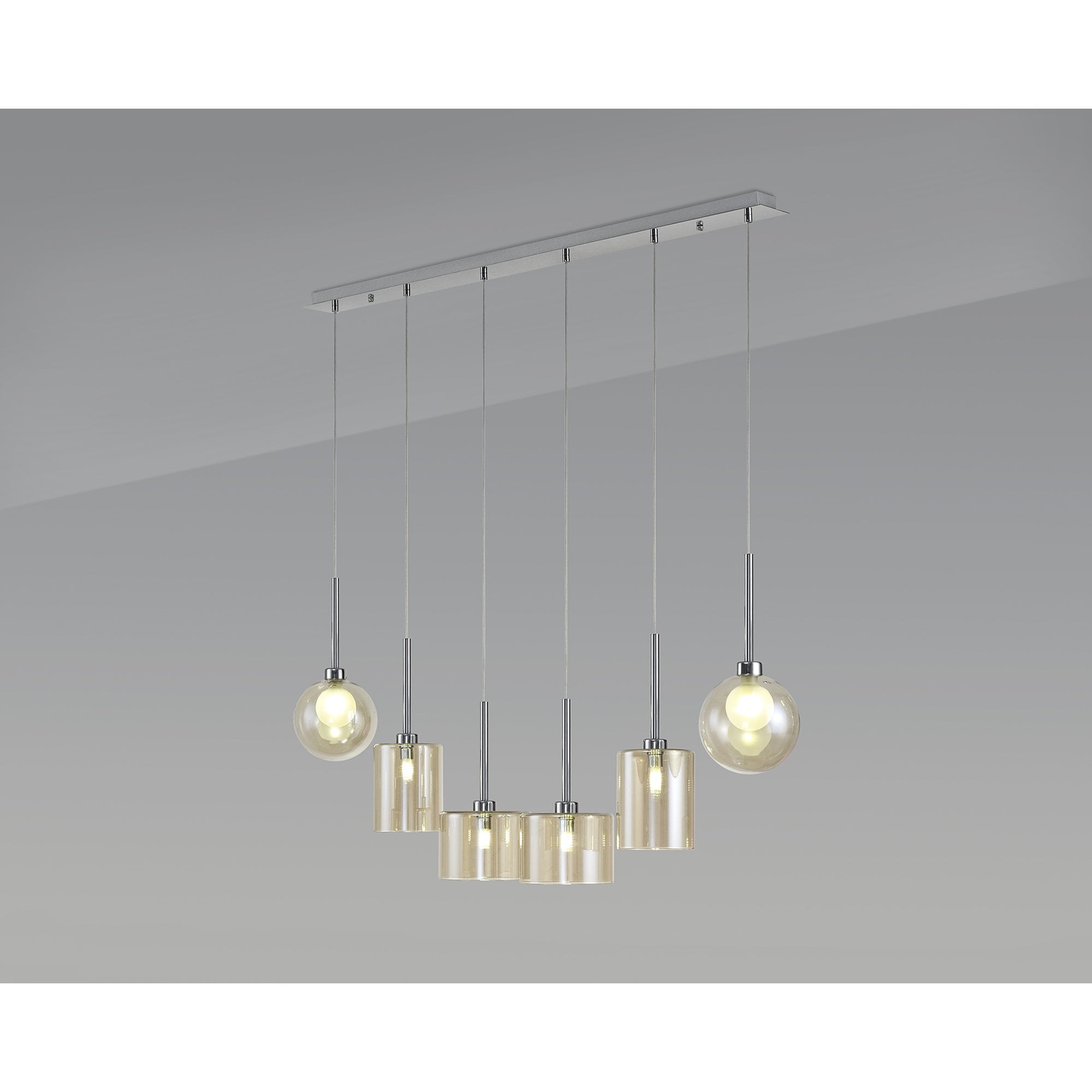 Fabula Tamworth 6 Light Linear Pendant - Mixed Shades F - Polished Chrome, Cognac & Frosted Glass