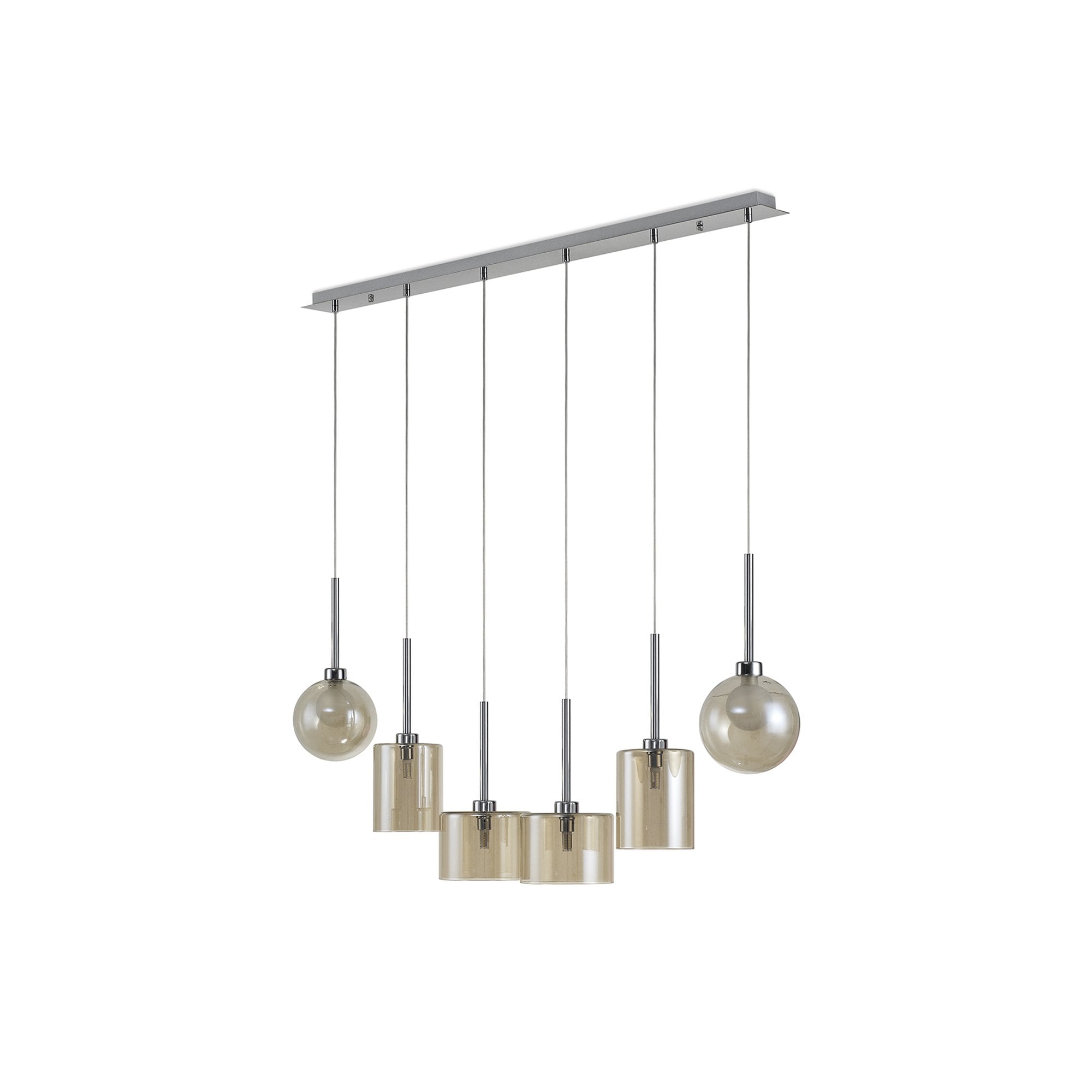 Fabula Tamworth 6 Light Linear Pendant - Mixed Shades F - Polished Chrome, Cognac & Frosted Glass