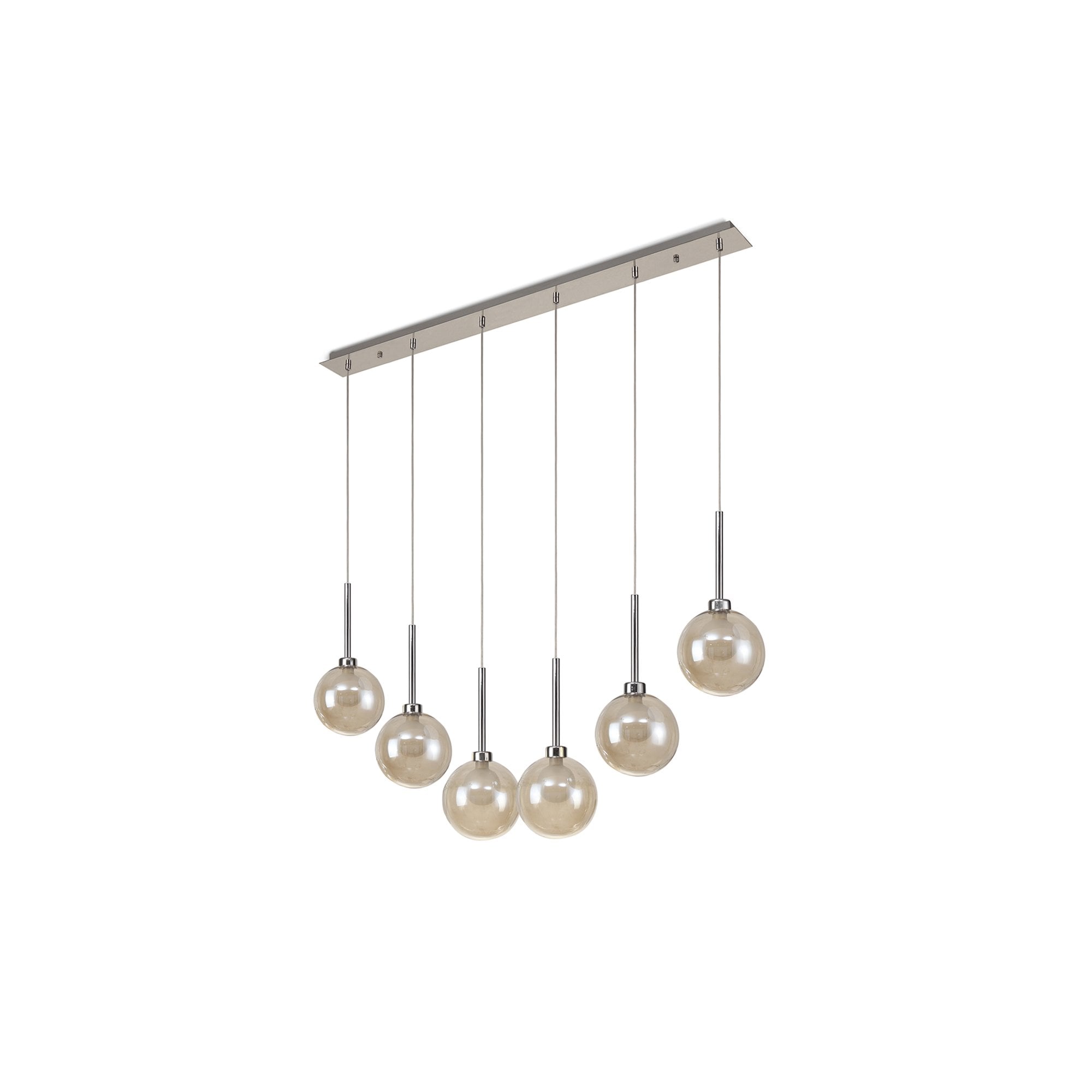 Fabula Tamworth 6 Light Linear Pendant - Round Shades with Inner Frosted Globes - Polished Chrome, Cognac & Frosted Glass