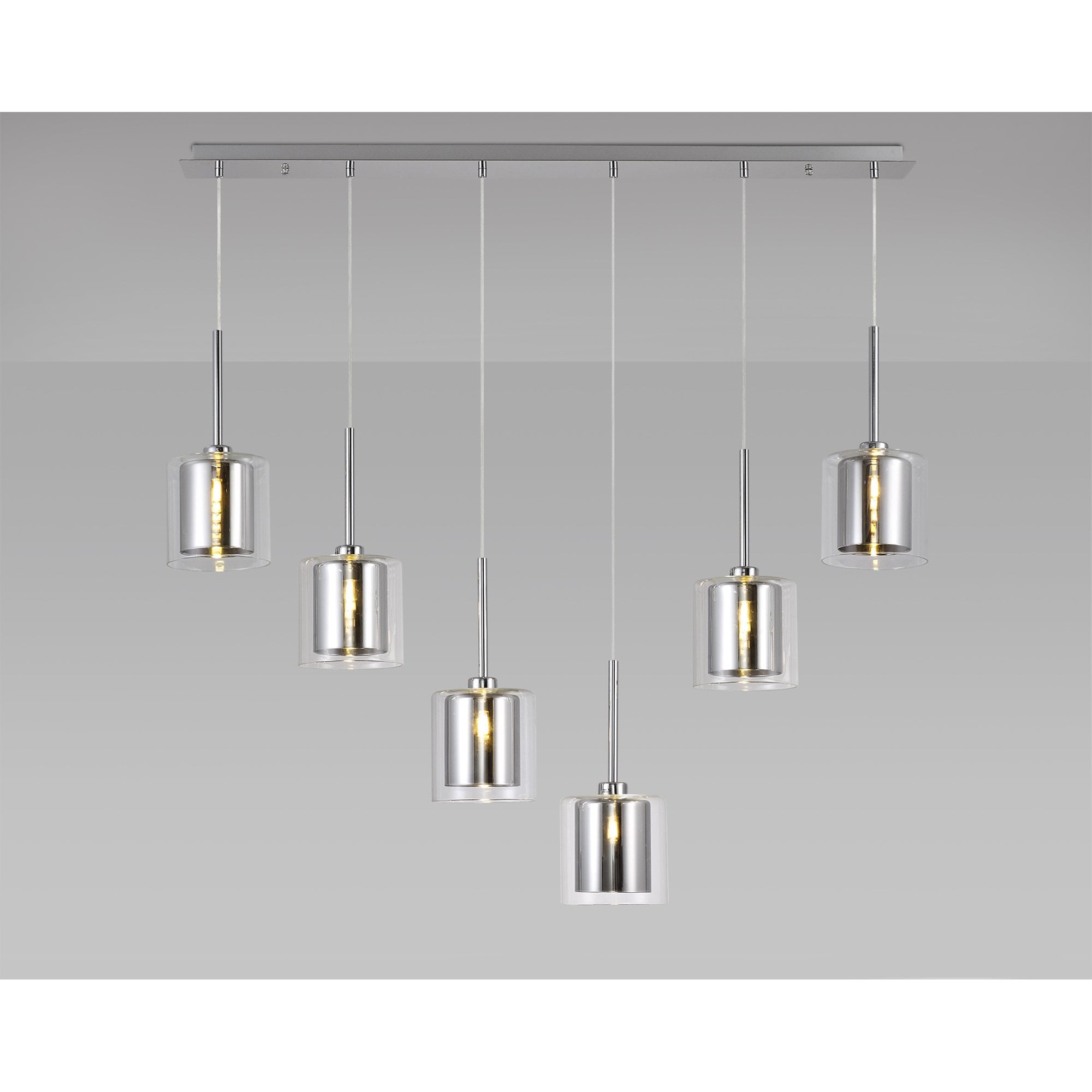 Fabula Tamworth 6 Light Linear Pendant - Medium Cylinder Shades with Clear Outer Glass - Polished Chrome, Chrome & Clear Glass