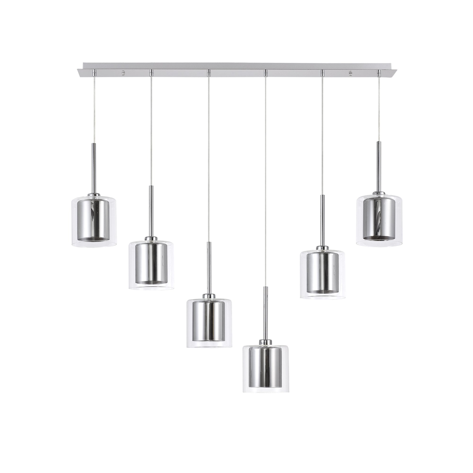 Fabula Tamworth 6 Light Linear Pendant - Medium Cylinder Shades with Clear Outer Glass - Polished Chrome, Chrome & Clear Glass