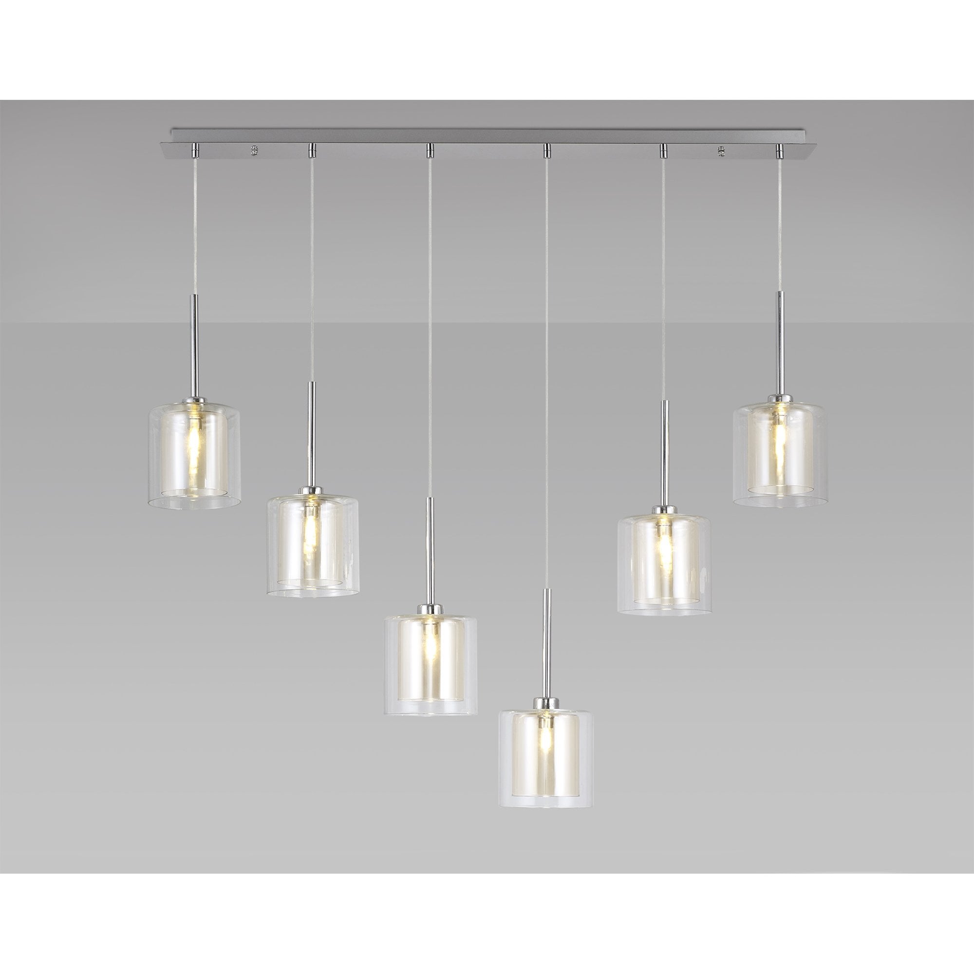 Fabula Tamworth 6 Light Linear Pendant - Medium Cylinder Shades with Clear Outer Glass - Polished Chrome, Cognac & Clear Glass