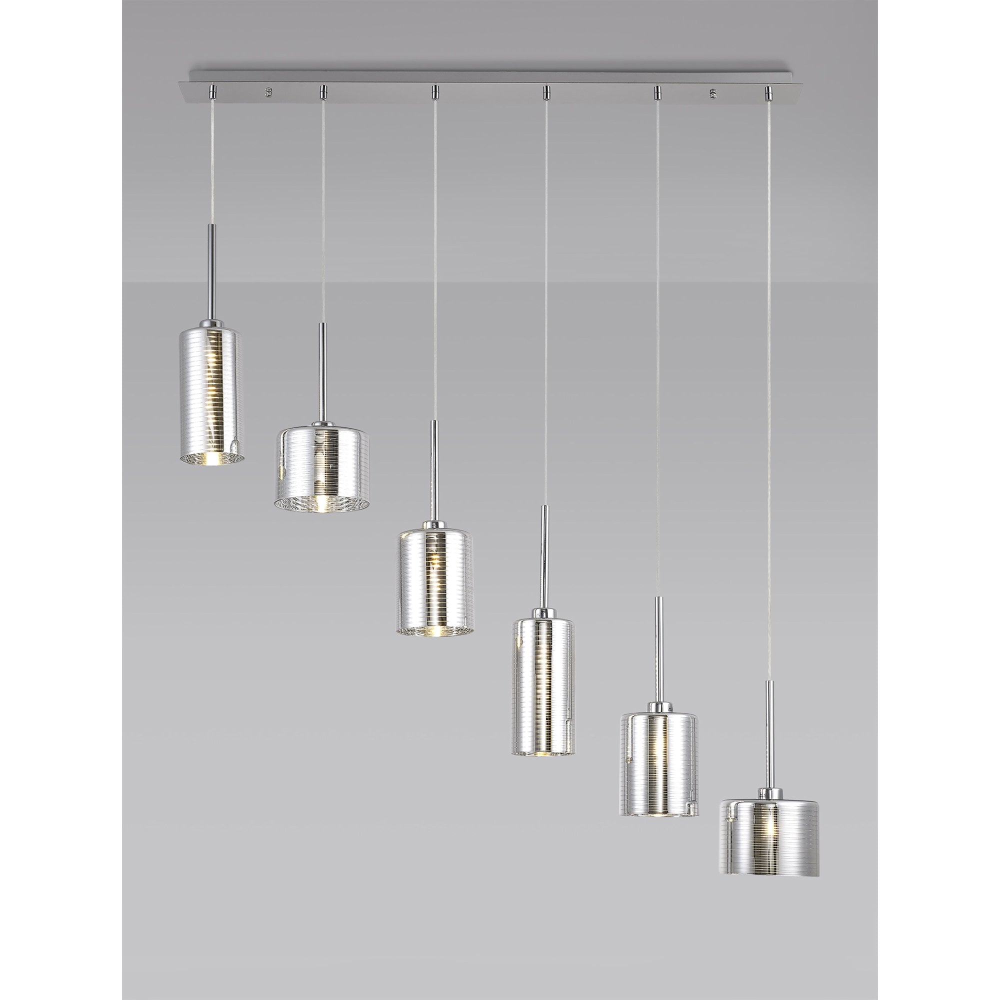 Fabula Tamworth 6 Light Linear Pendant - Mixed Cylinder Shades - Polished Chrome & Chrome Lined Glass