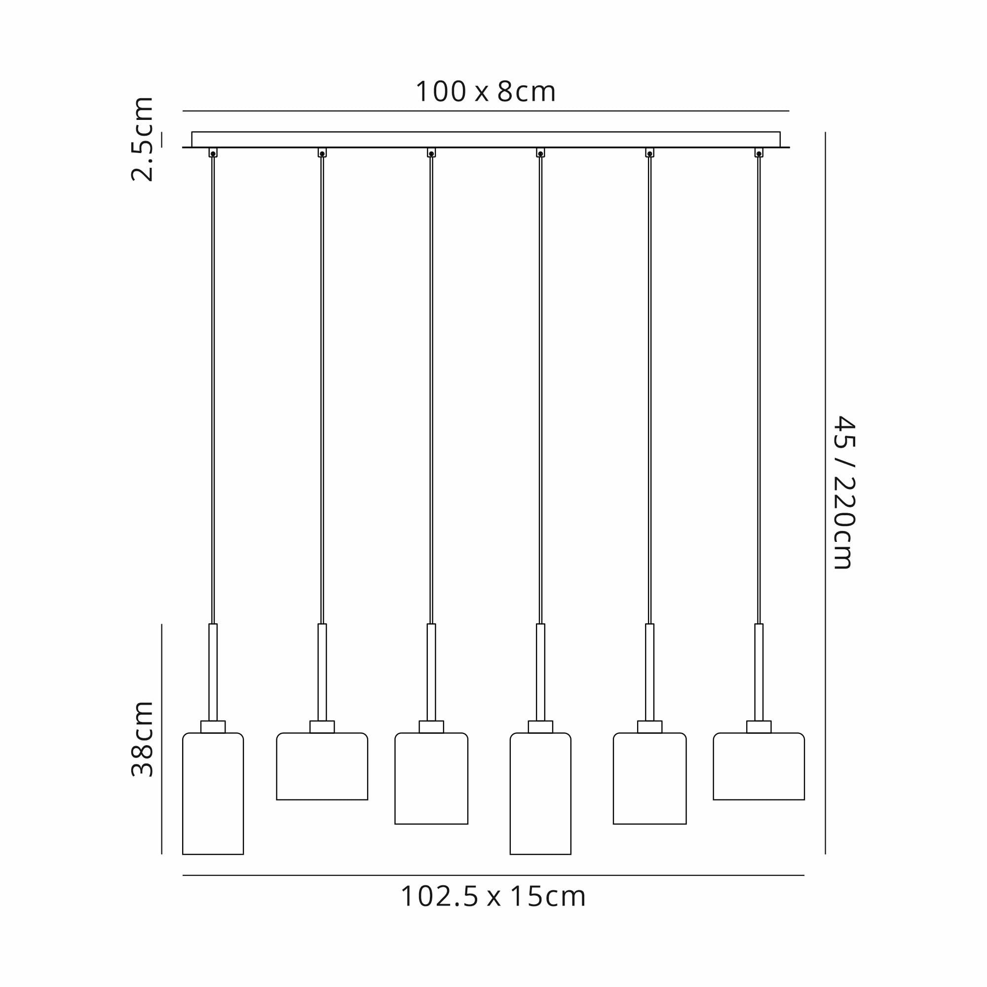 Fabula Tamworth 6 Light Linear Pendant - Mixed Cylinder Shades - Polished Chrome & Chrome Lined Glass