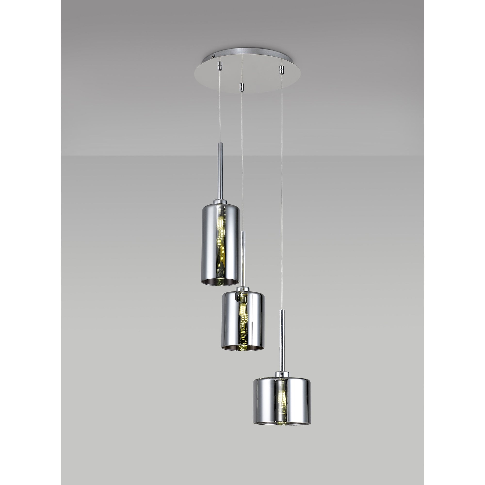 Fabula Tamworth 3 Light Round Pendant - Mixed Cylinder Shades - Polished Chrome & Chrome Glass