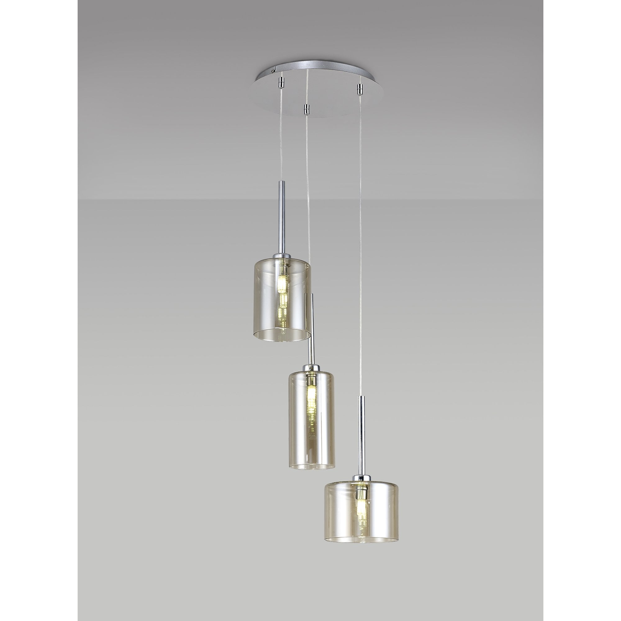 Fabula Tamworth 3 Light Round Pendant - Mixed Cylinder Shades - Polished Chrome & Cognac Glass