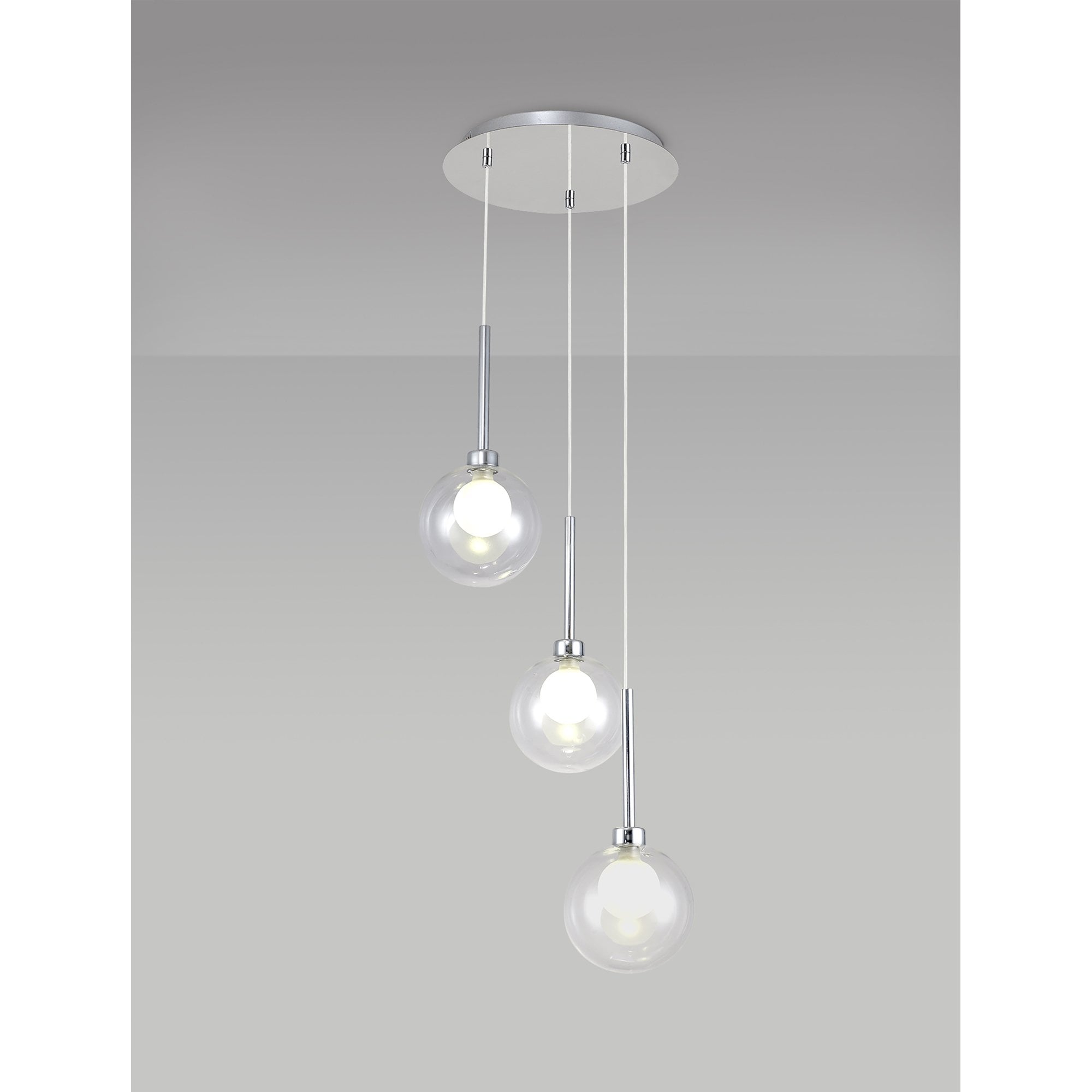 Fabula Tamworth 3 Light Round Pendant - Round Shades with Inner Frosted Globes - Polished Chrome, Clear & Frosted Glass
