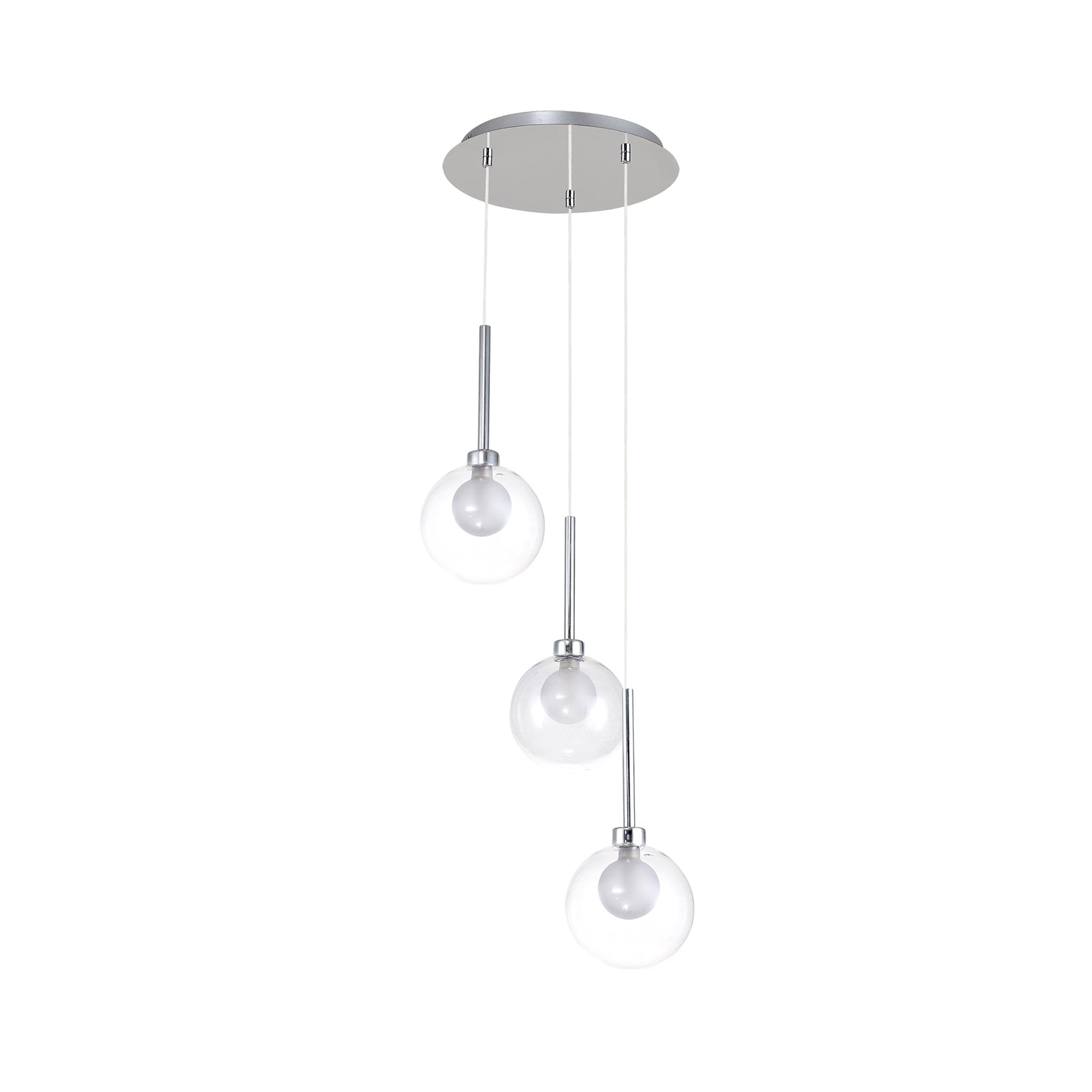Fabula Tamworth 3 Light Round Pendant - Round Shades with Inner Frosted Globes - Polished Chrome, Clear & Frosted Glass