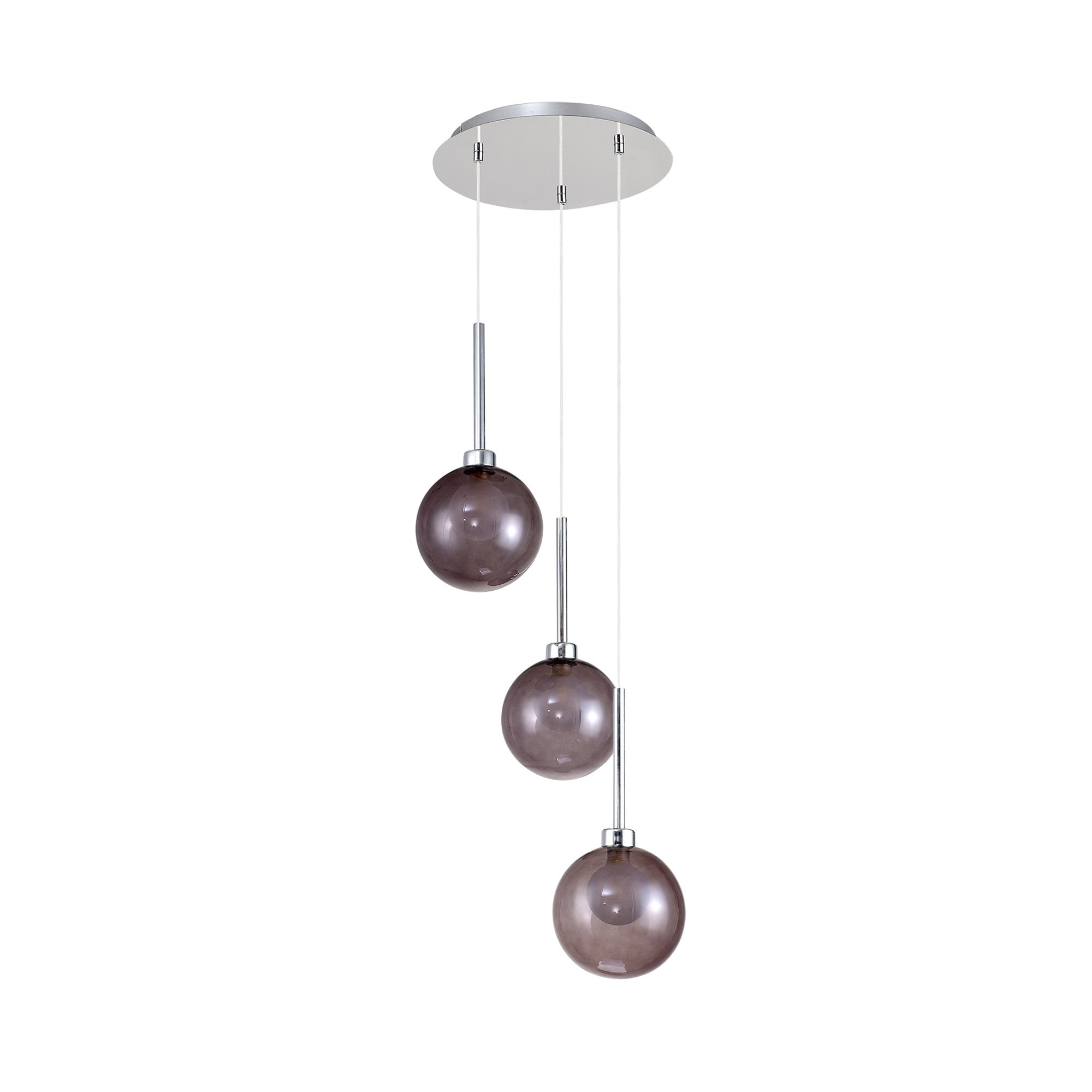Fabula Tamworth 3 Light Round Pendant - Round Shades with Inner Frosted Globes - Polished Chrome, Smoked & Frosted Glass