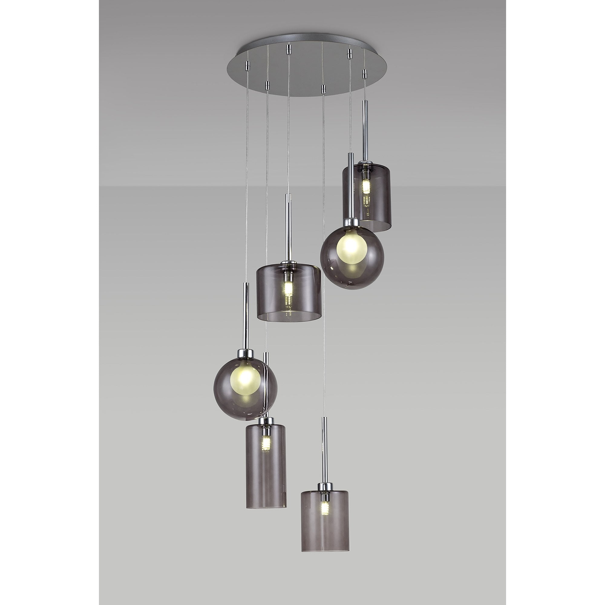 Fabula Tamworth 6 Light Round Pendant - Mixed Shades G - Polished Chrome, Smoked & Frosted Glass