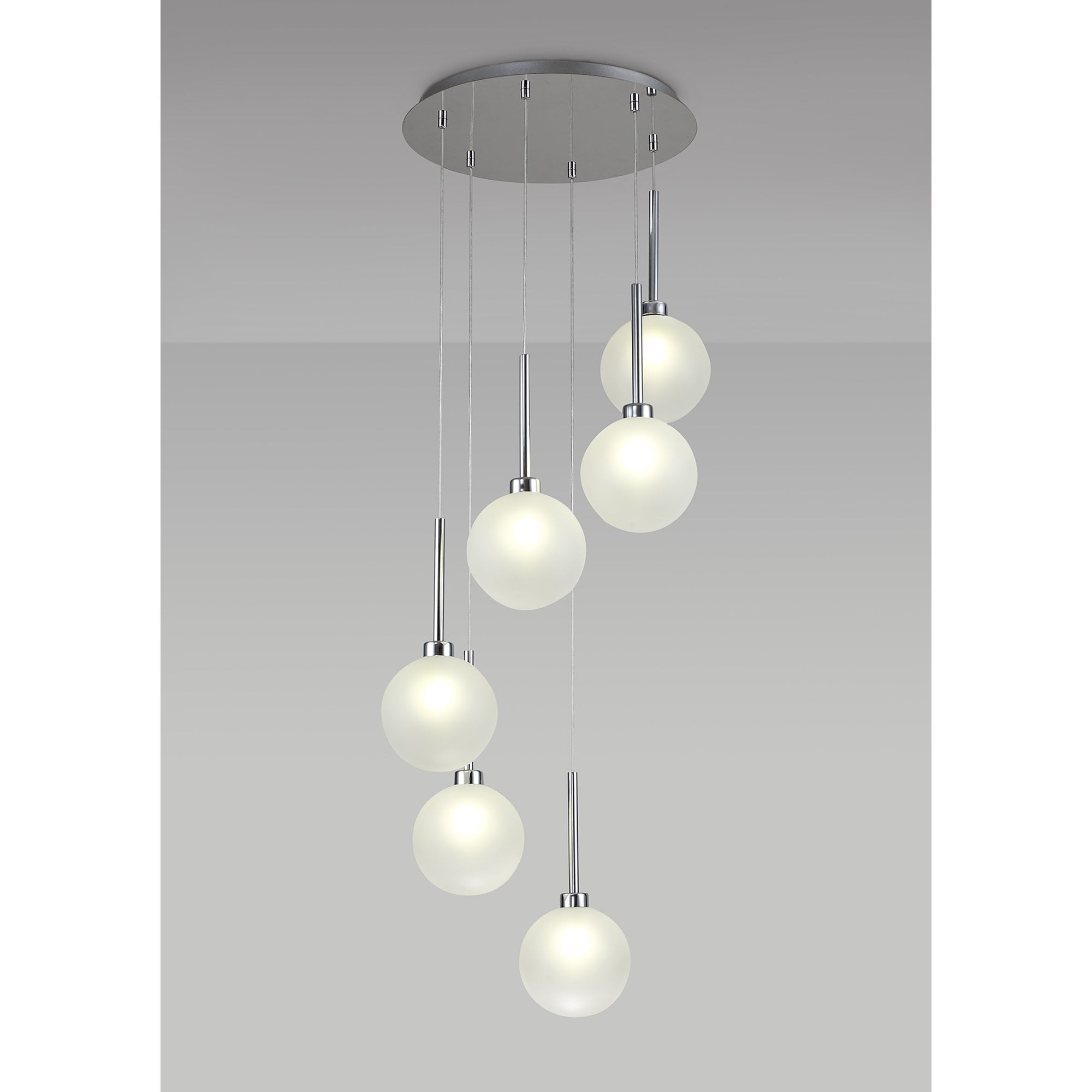 Fabula Tamworth 6 Light Round Pendant - Round Shades with Inner Frosted Globes - Polished Chrome & Frosted Glass