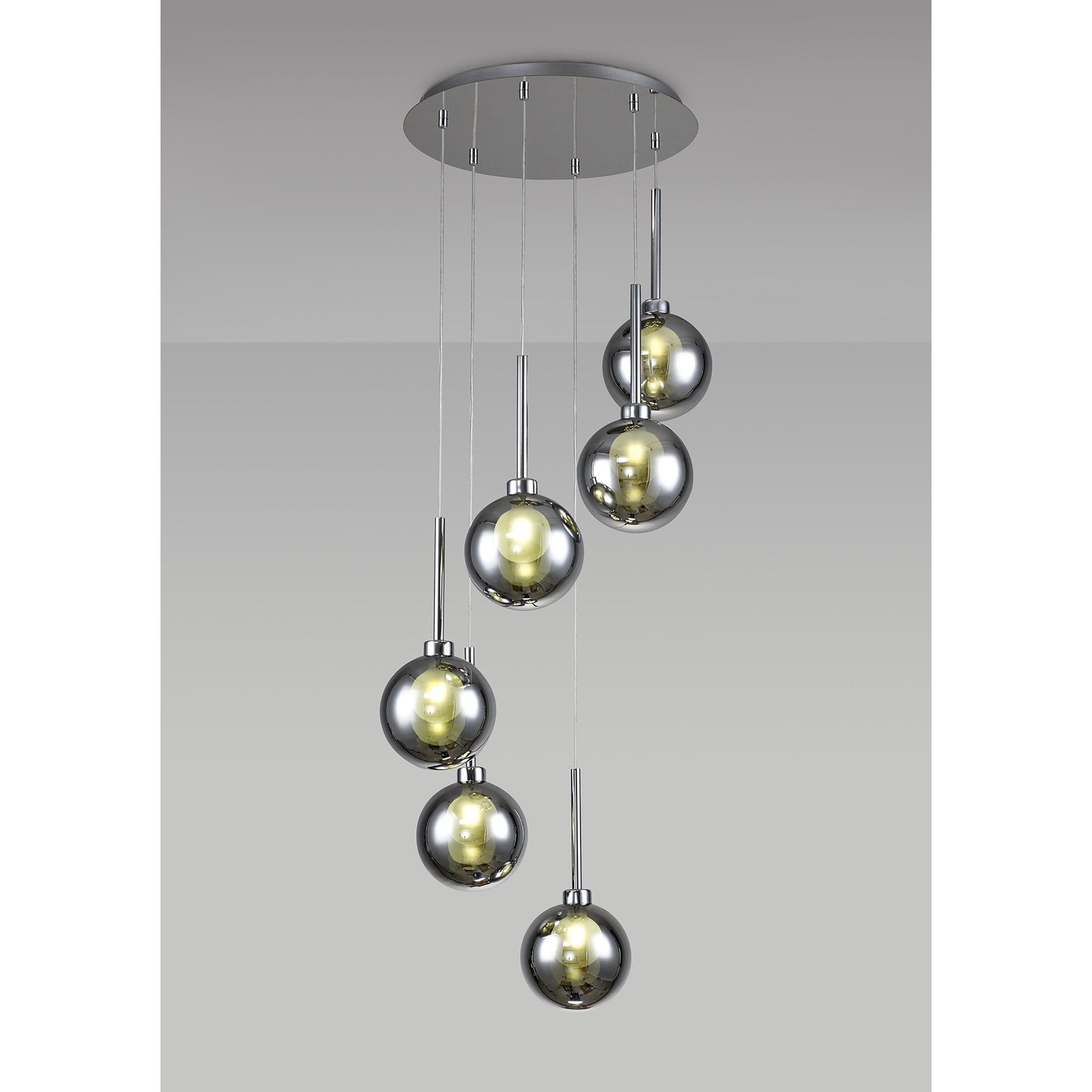 Fabula Tamworth 6 Light Round Pendant - Round Shades with Inner Frosted Globes - Polished Chrome, Chrome & Frosted Glass
