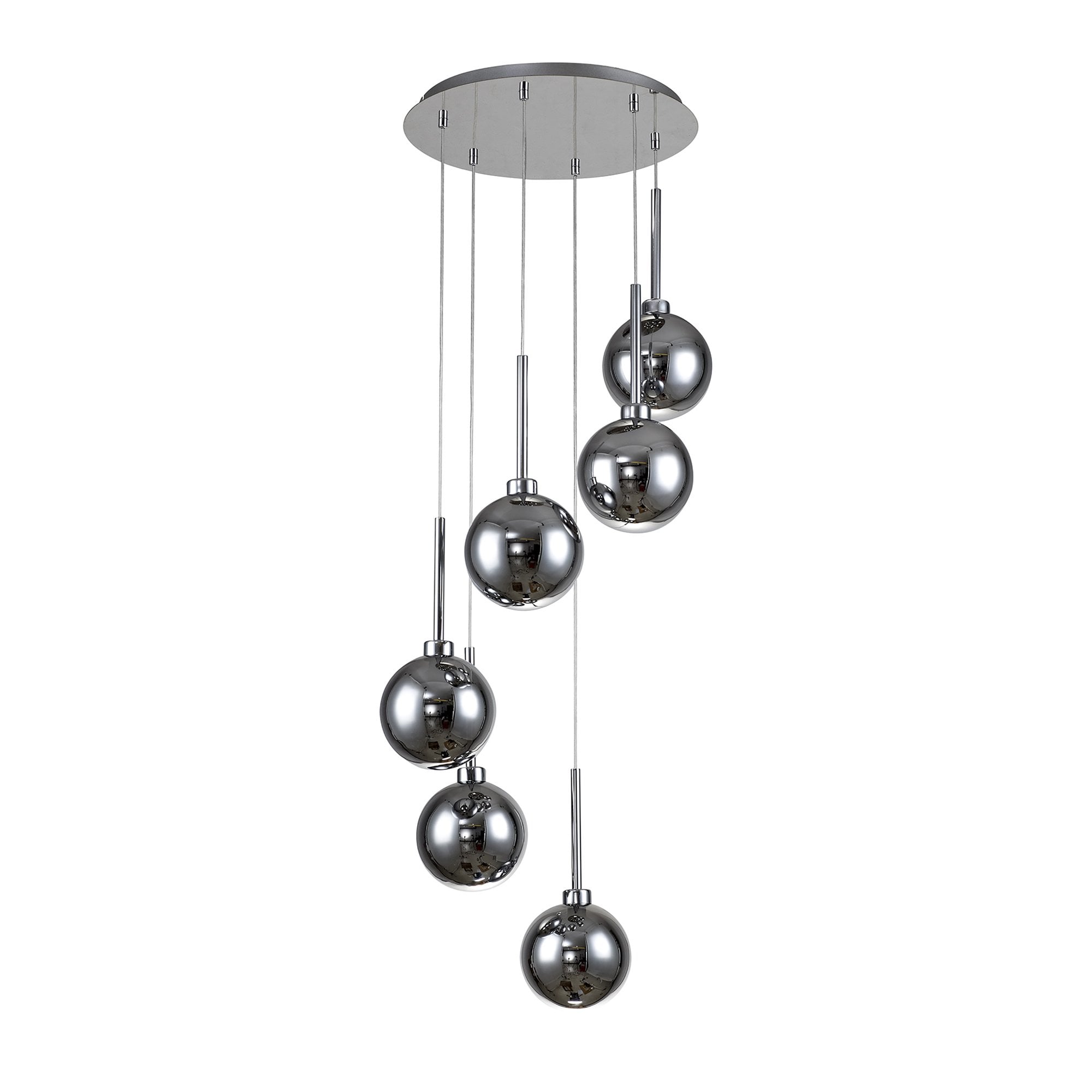 Fabula Tamworth 6 Light Round Pendant - Round Shades with Inner Frosted Globes - Polished Chrome, Chrome & Frosted Glass