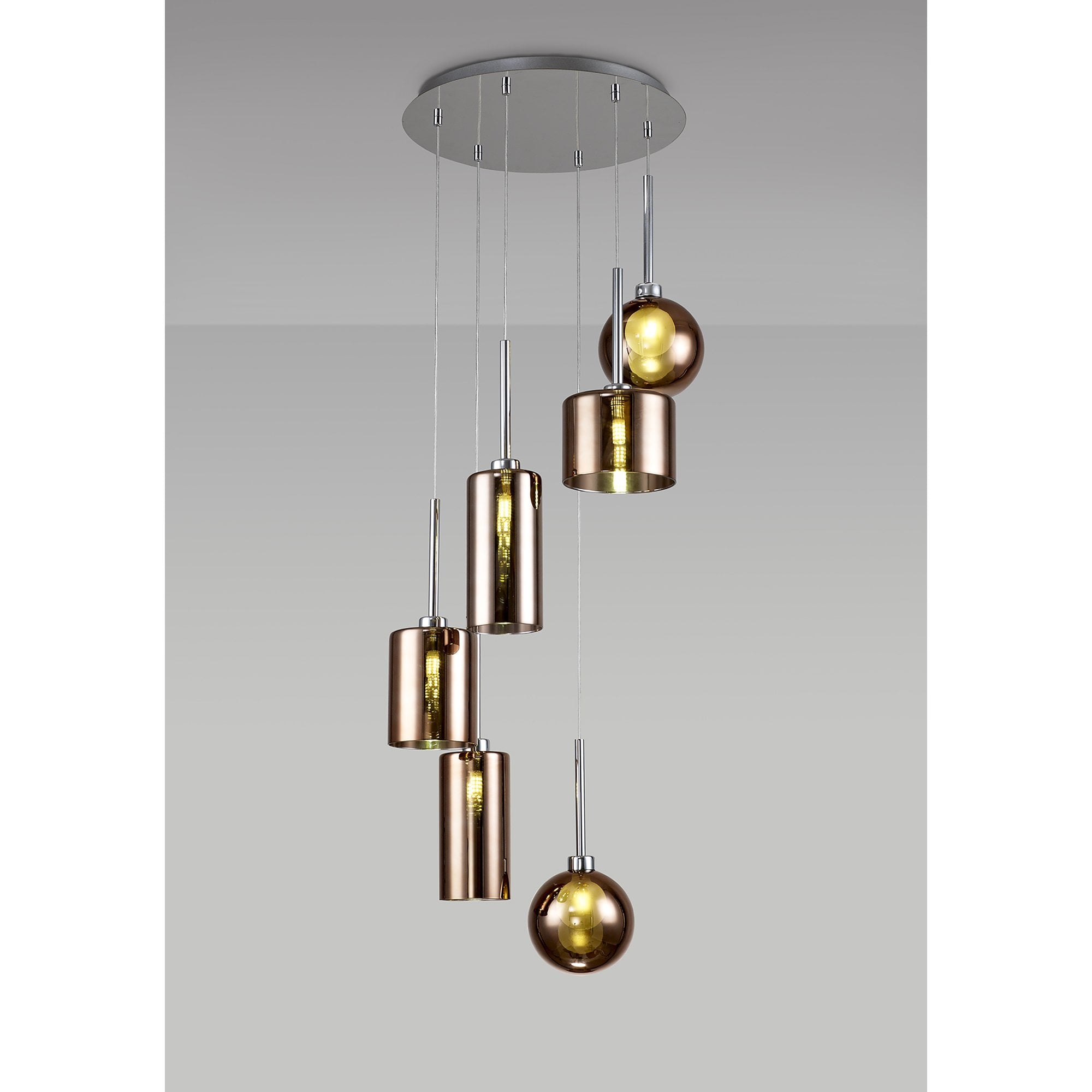 Fabula Tamworth 6 Light Round Pendant - Mixed Shades G - Polished Chrome, Copper & Frosted Glass