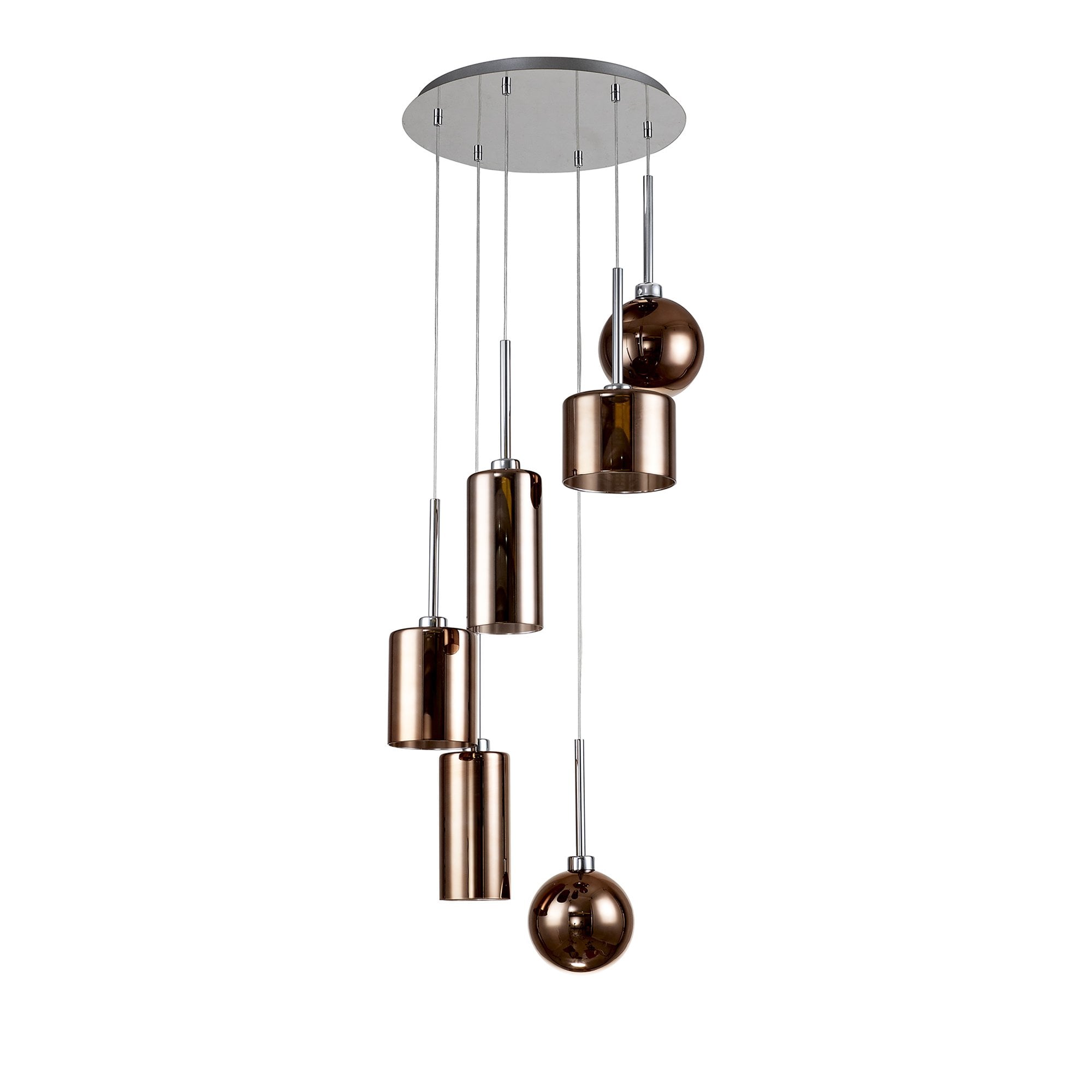 Fabula Tamworth 6 Light Round Pendant - Mixed Shades G - Polished Chrome, Copper & Frosted Glass