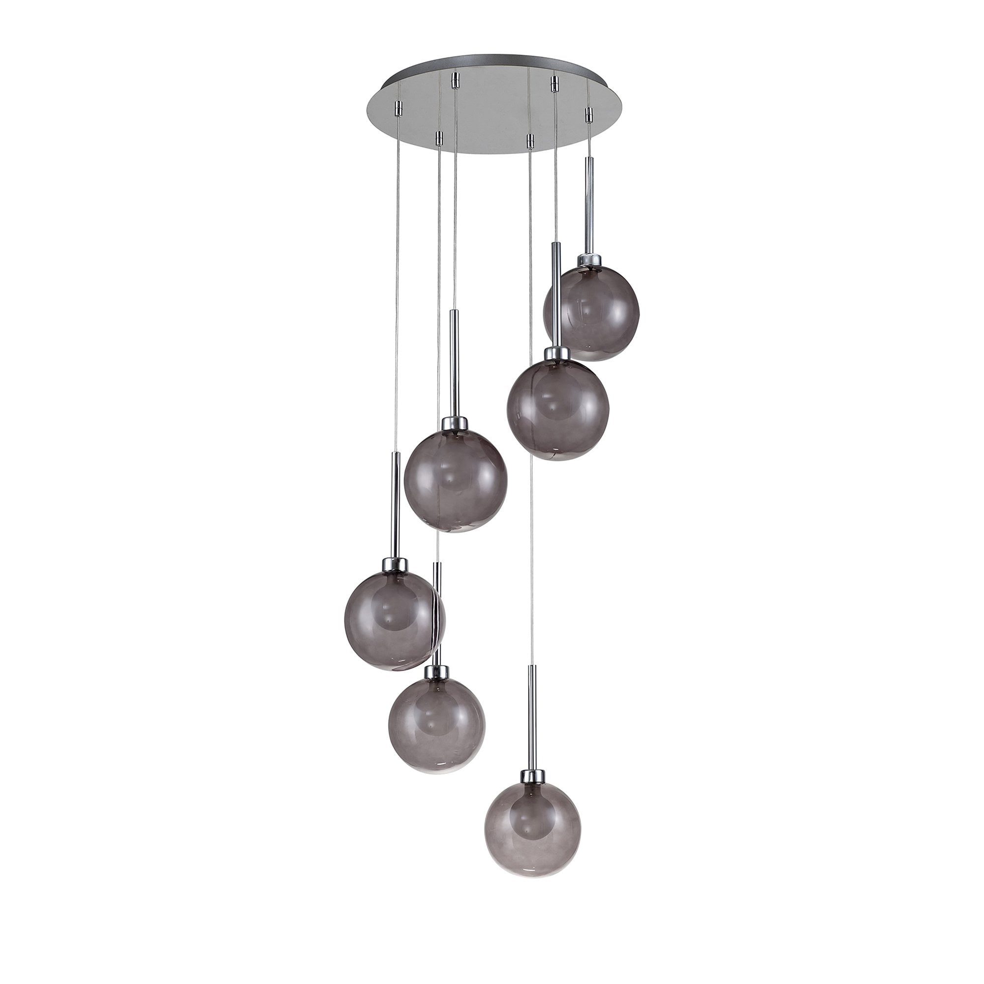 Fabula Tamworth 6 Light Round Pendant - Round Shades with Inner Frosted Globes - Polished Chrome, Smoked & Frosted Glass