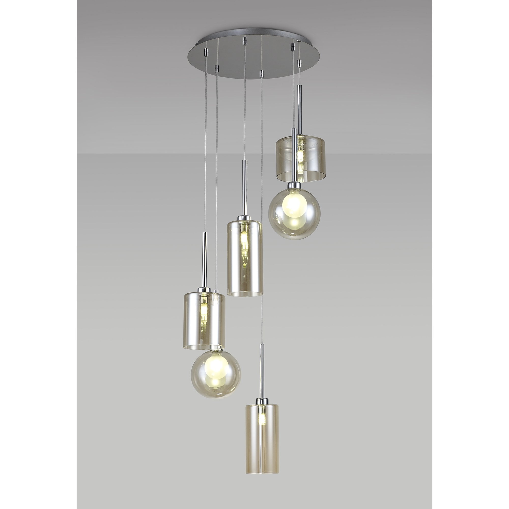 Fabula Tamworth 6 Light Round Pendant - Mixed Shades G - Polished Chrome, Cognac & Frosted Glass