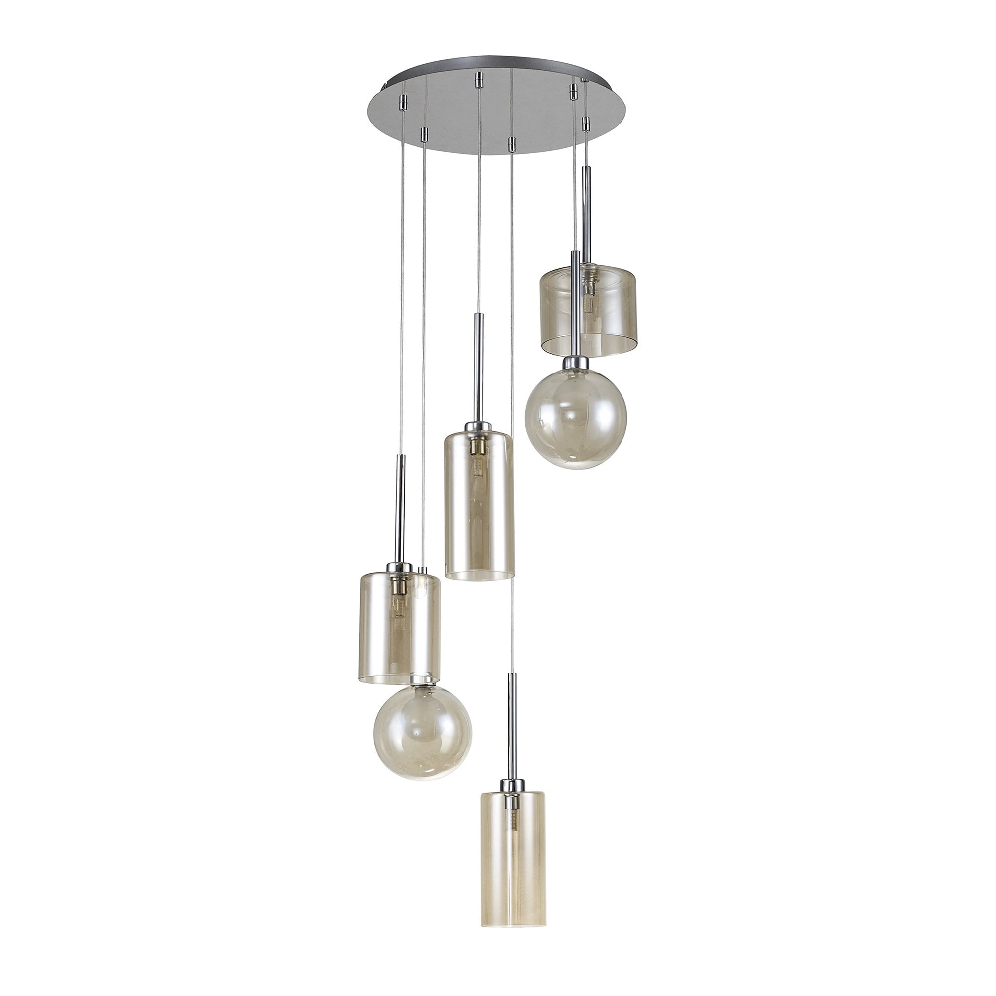 Fabula Tamworth 6 Light Round Pendant - Mixed Shades G - Polished Chrome, Cognac & Frosted Glass