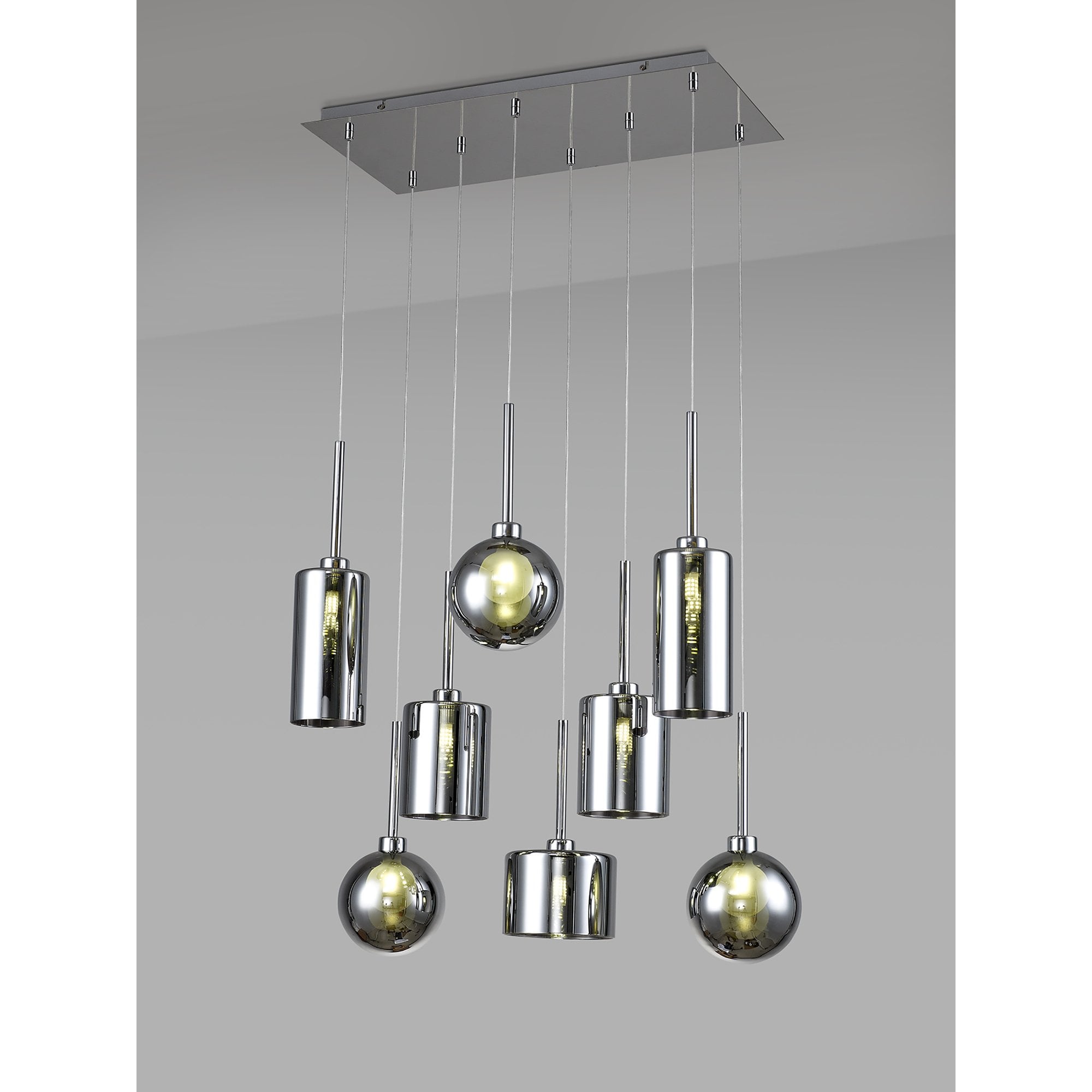 Fabula Tamworth 8 Light Rectangle Pendant - Mixed Shades G - Polished Chrome, Chrome & Frosted Glass