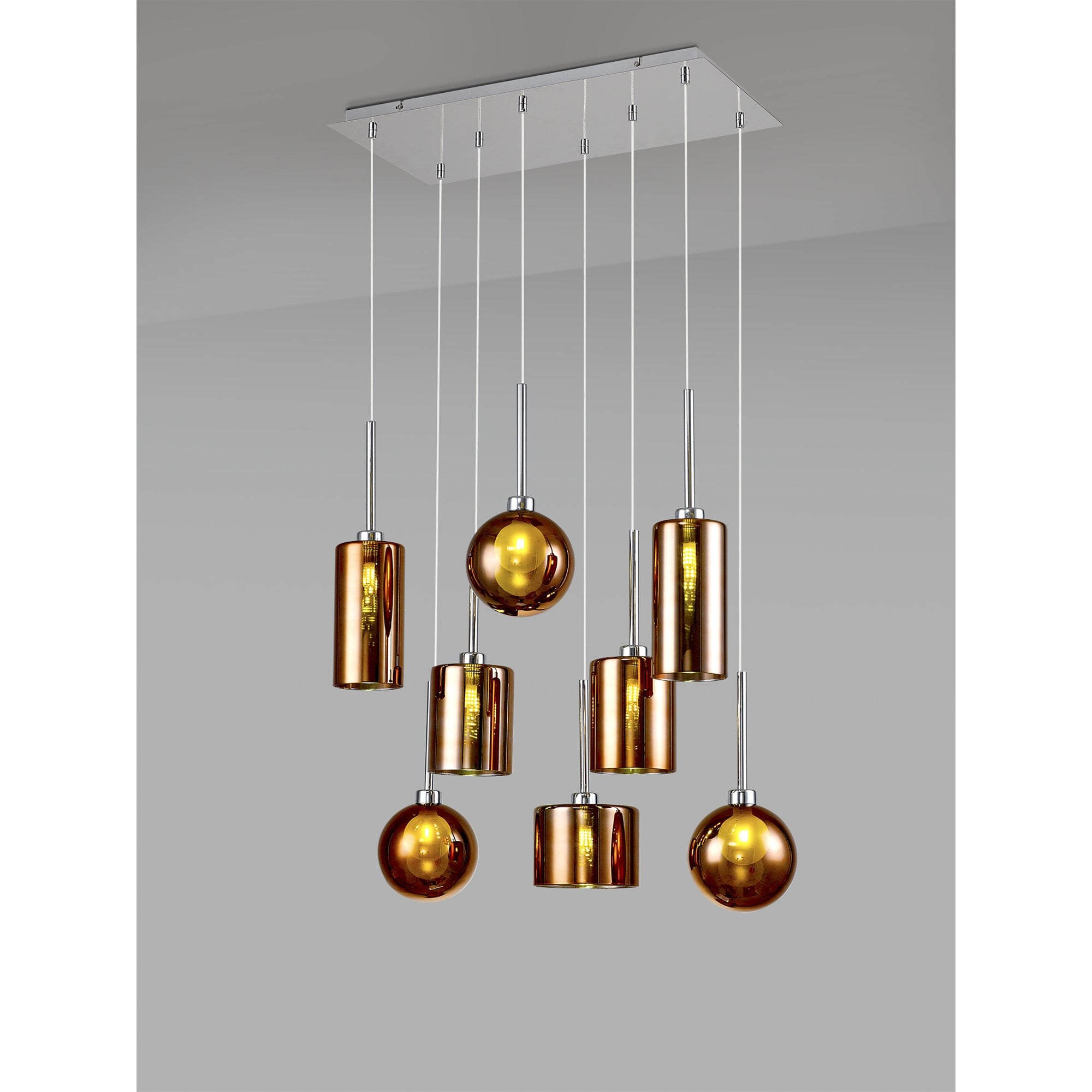 Fabula Tamworth 8 Light Rectangle Pendant - Mixed Shades G - Polished Chrome, Copper & Frosted Glass