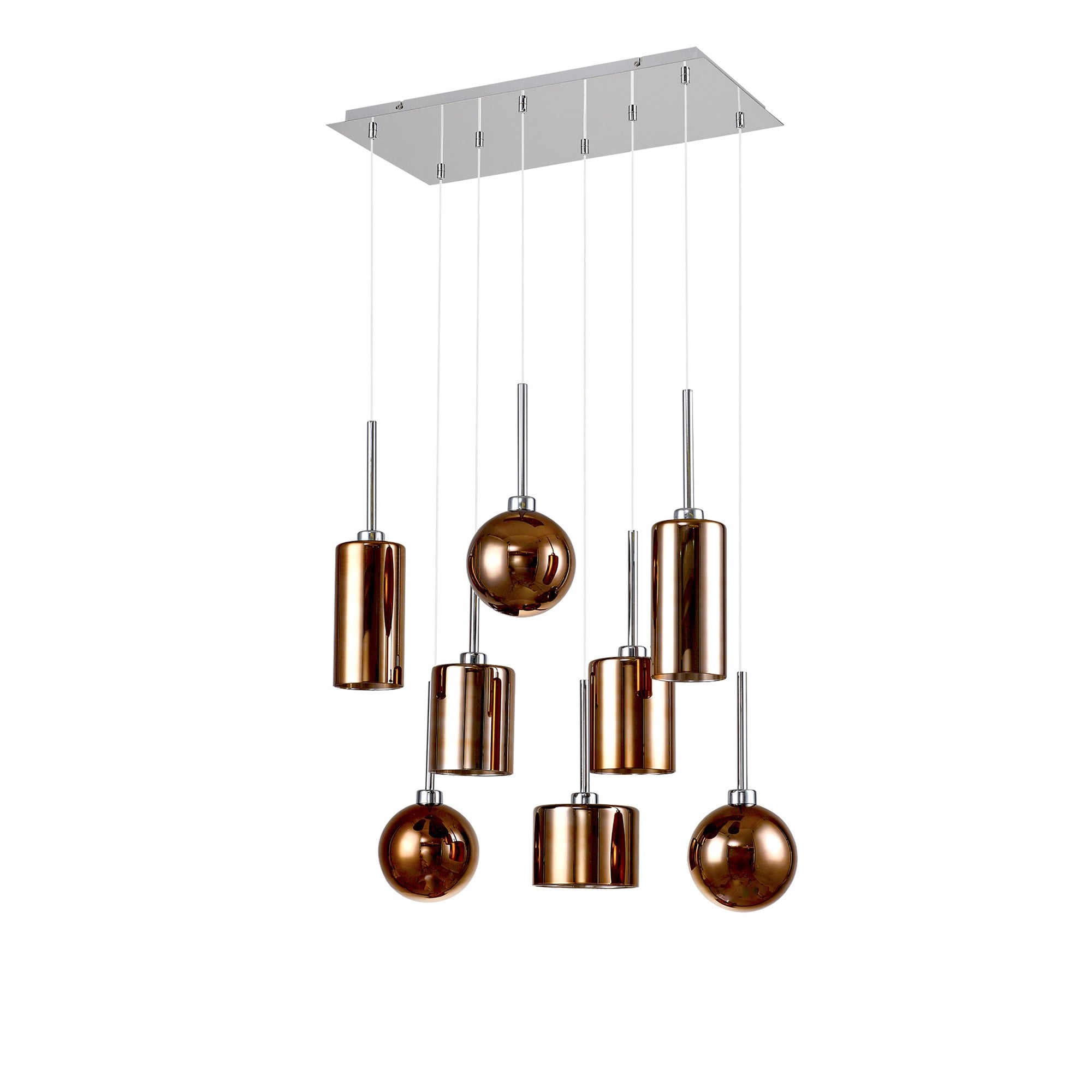 Fabula Tamworth 8 Light Rectangle Pendant - Mixed Shades G - Polished Chrome, Copper & Frosted Glass