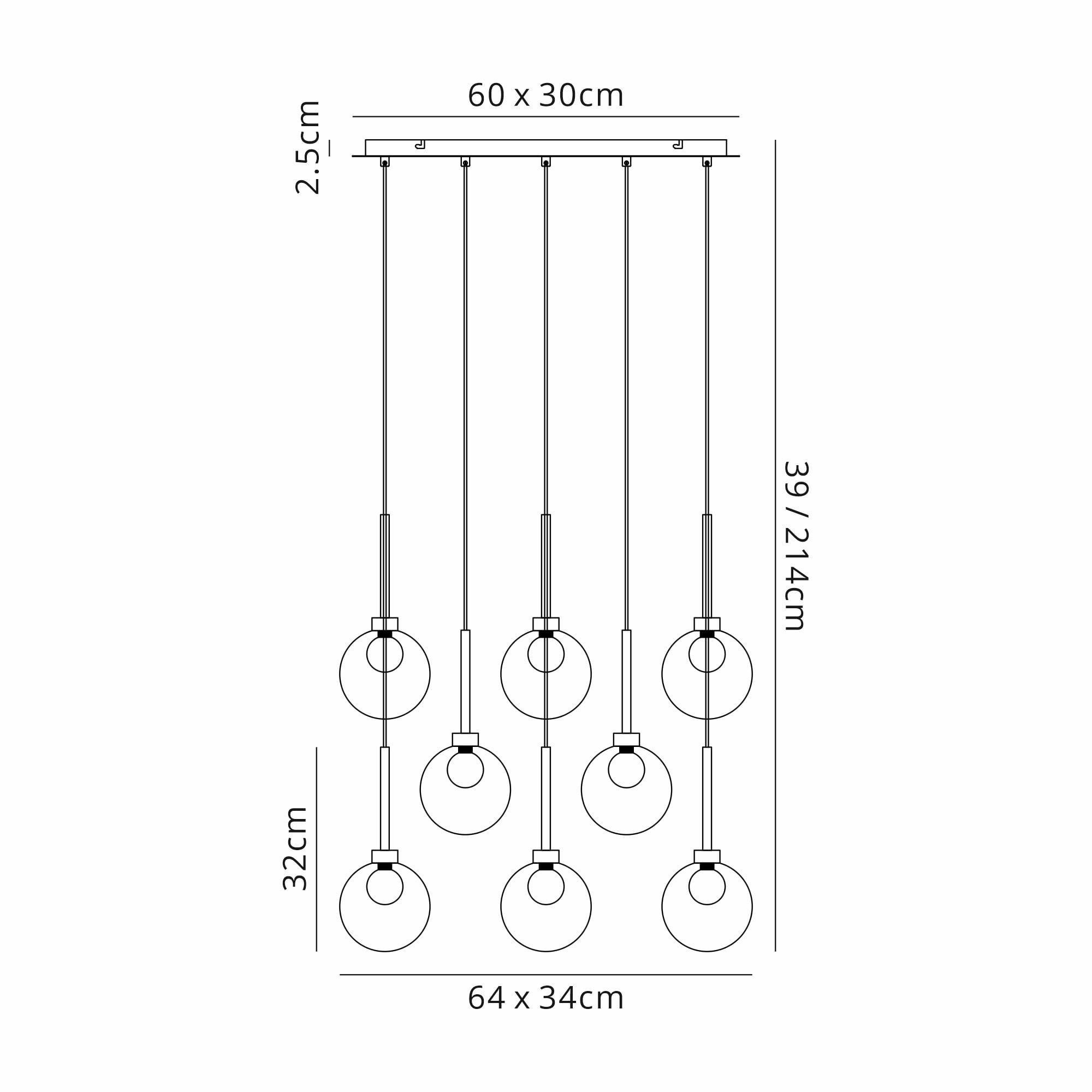 Fabula Tamworth 8 Light Rectangle Pendant - Round Shades with Inner Frosted Globes - Polished Chrome & Frosted Glass