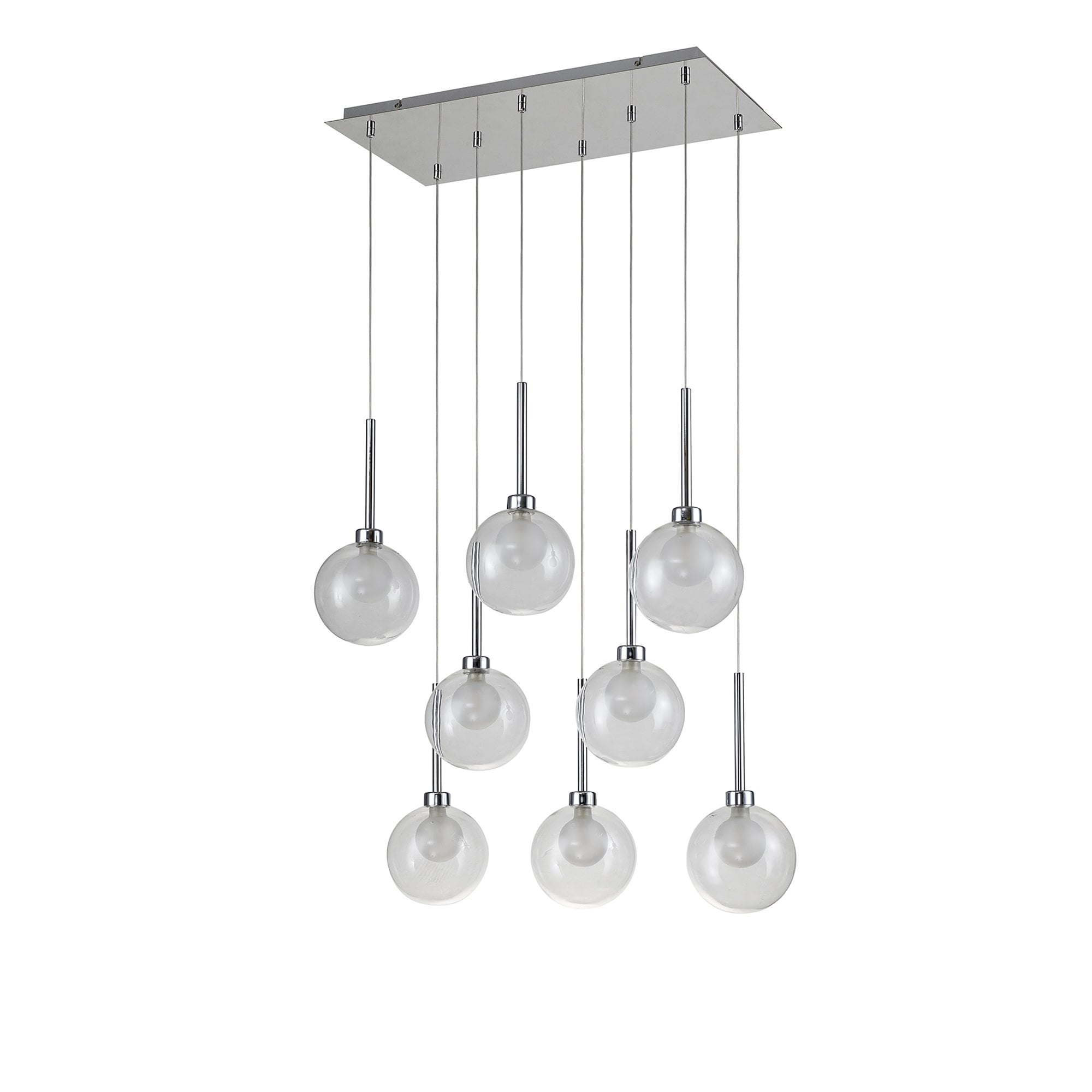 Fabula Tamworth 8 Light Rectangle Pendant - Round Shades with Inner Frosted Globes - Polished Chrome, Clear & Frosted Glass