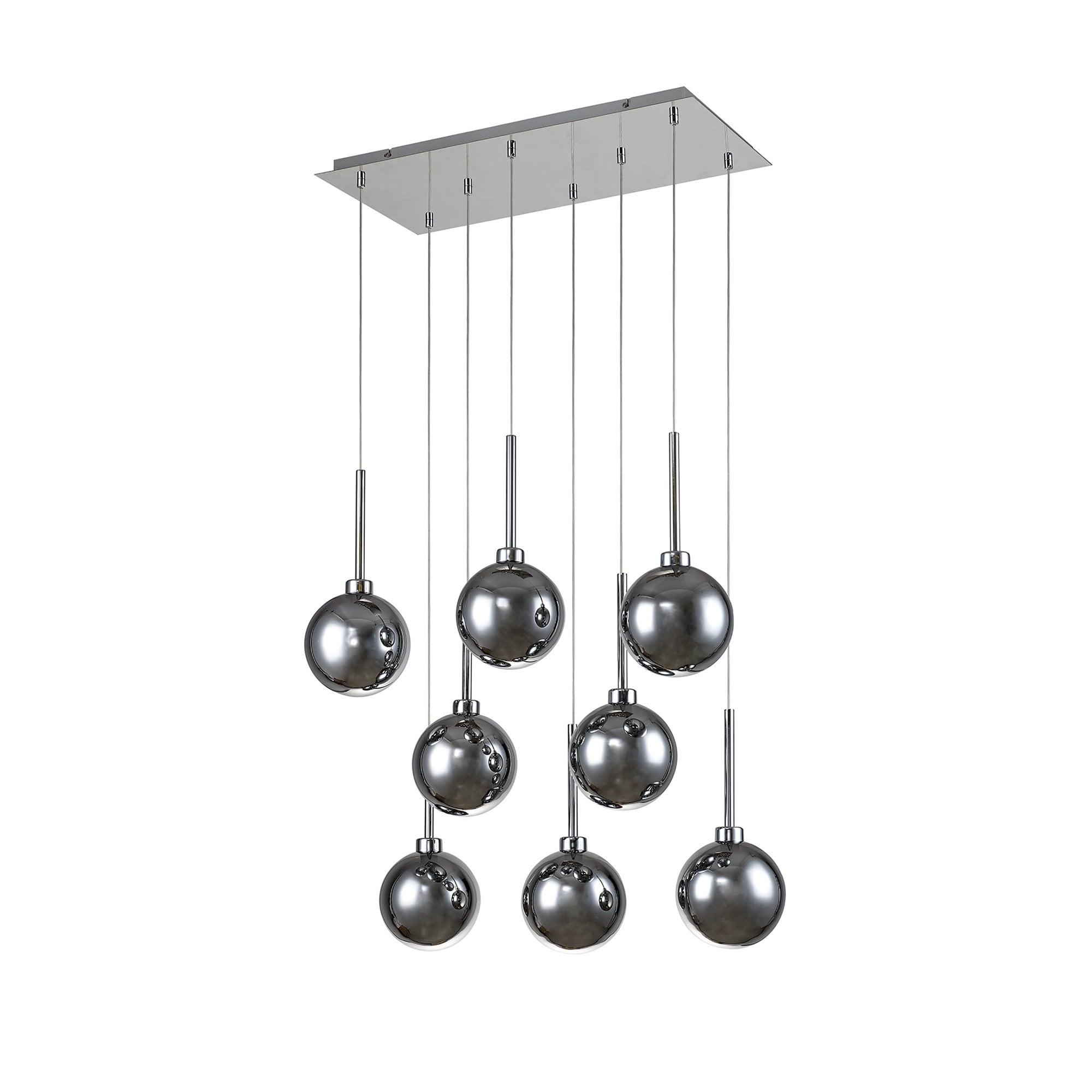 Fabula Tamworth 8 Light Rectangle Pendant - Round Shades with Inner Frosted Globes - Polished Chrome, Chrome & Frosted Glass