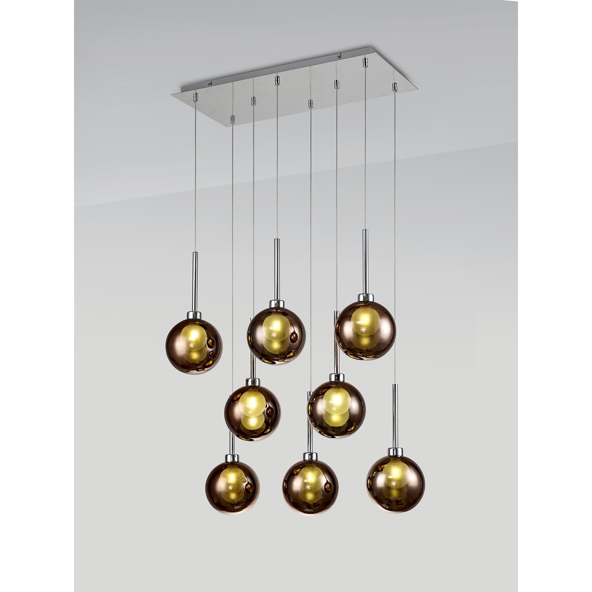 Fabula Tamworth 8 Light Rectangle Pendant - Round Shades with Inner Frosted Globes - Polished Chrome, Copper & Frosted Glass
