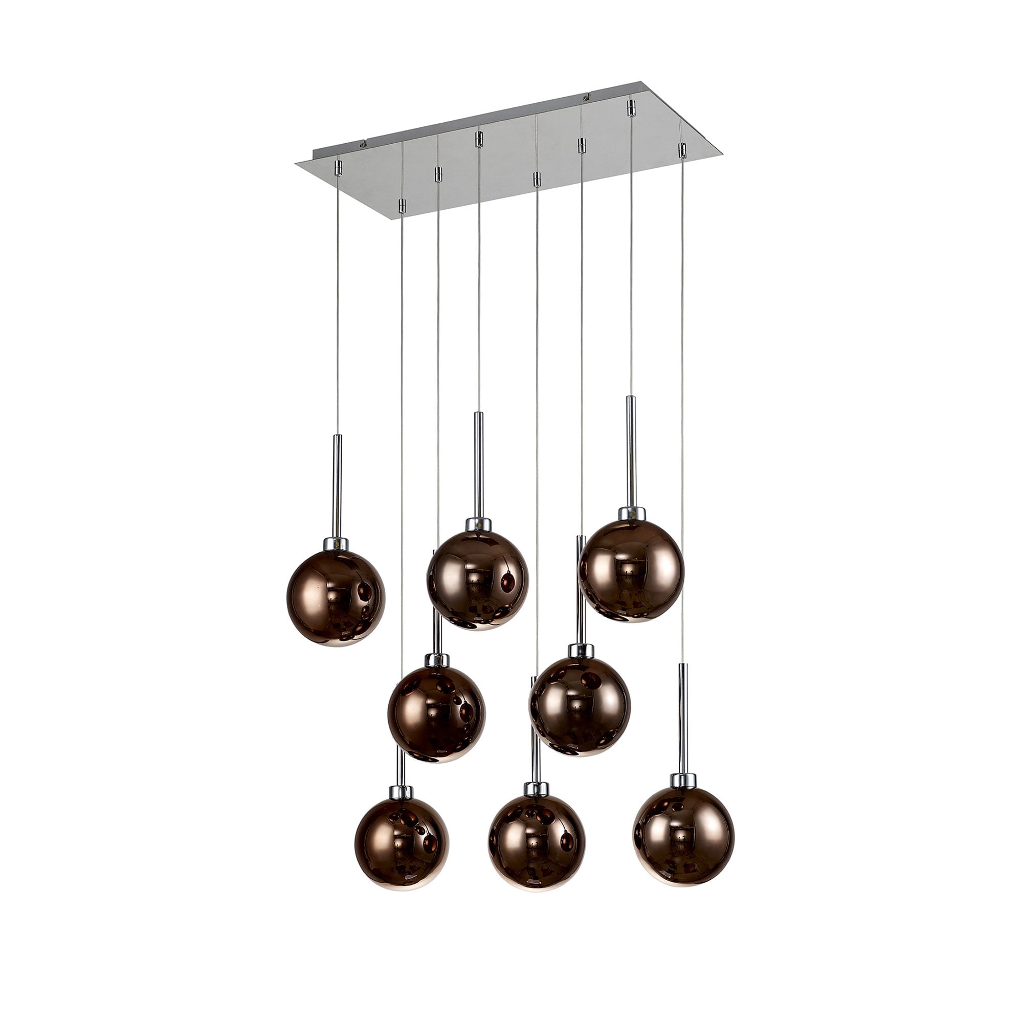 Fabula Tamworth 8 Light Rectangle Pendant - Round Shades with Inner Frosted Globes - Polished Chrome, Copper & Frosted Glass