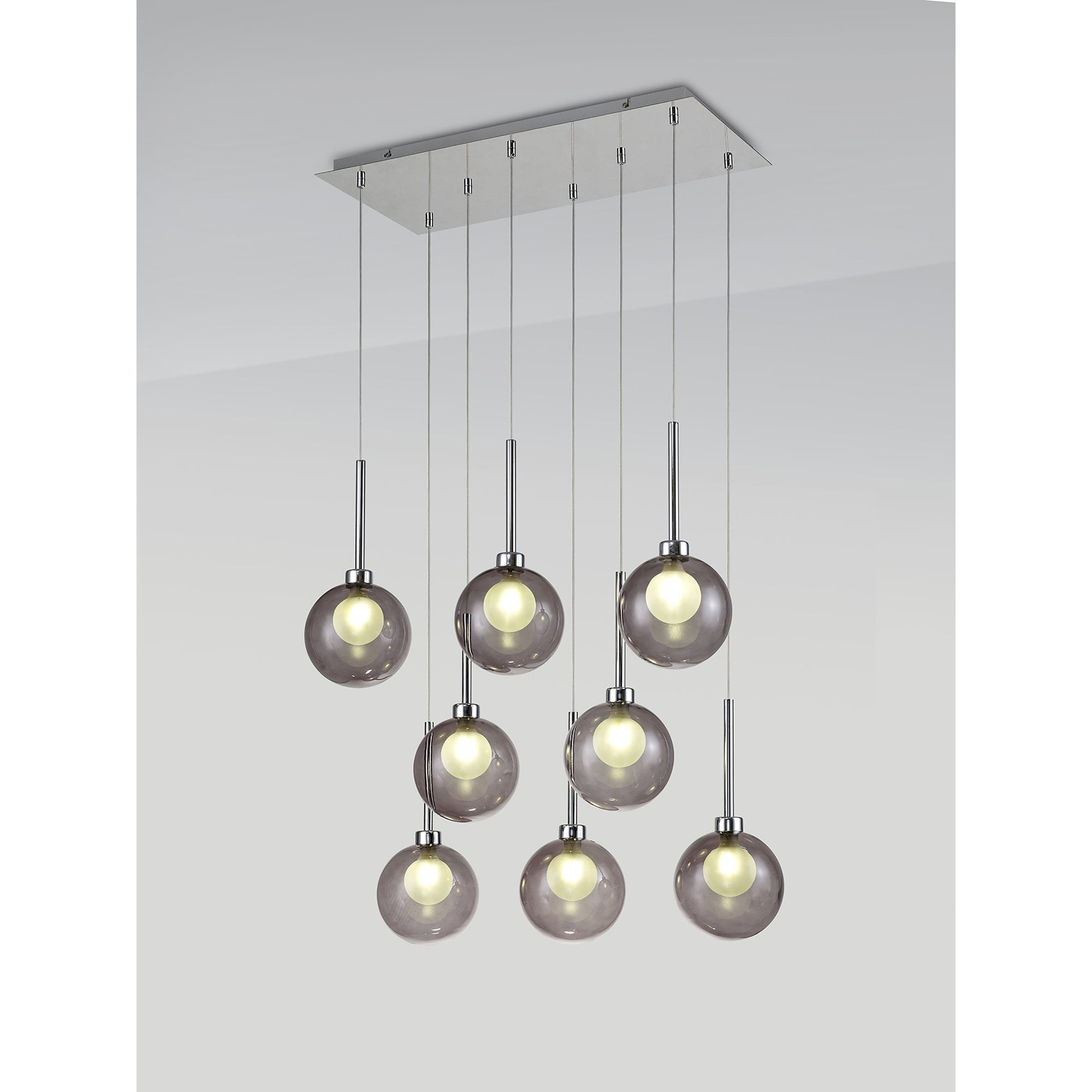 Fabula Tamworth 8 Light Rectangle Pendant - Round Shades with Inner Frosted Globes - Polished Chrome, Smoked & Frosted Glass