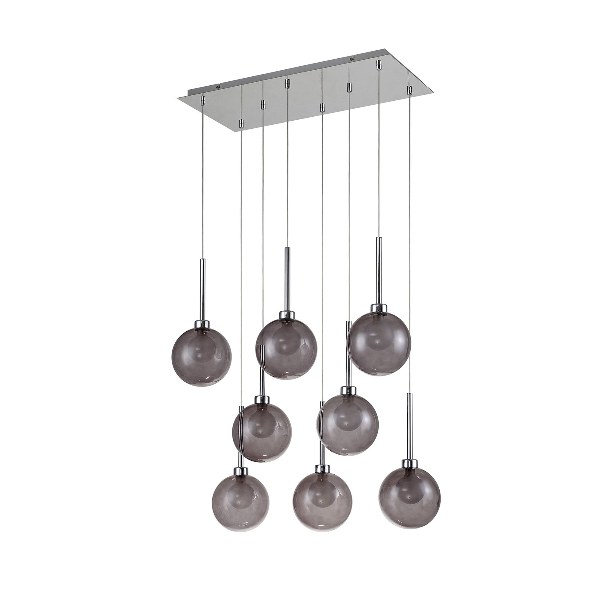 Fabula Tamworth 8 Light Rectangle Pendant - Round Shades with Inner Frosted Globes - Polished Chrome, Smoked & Frosted Glass