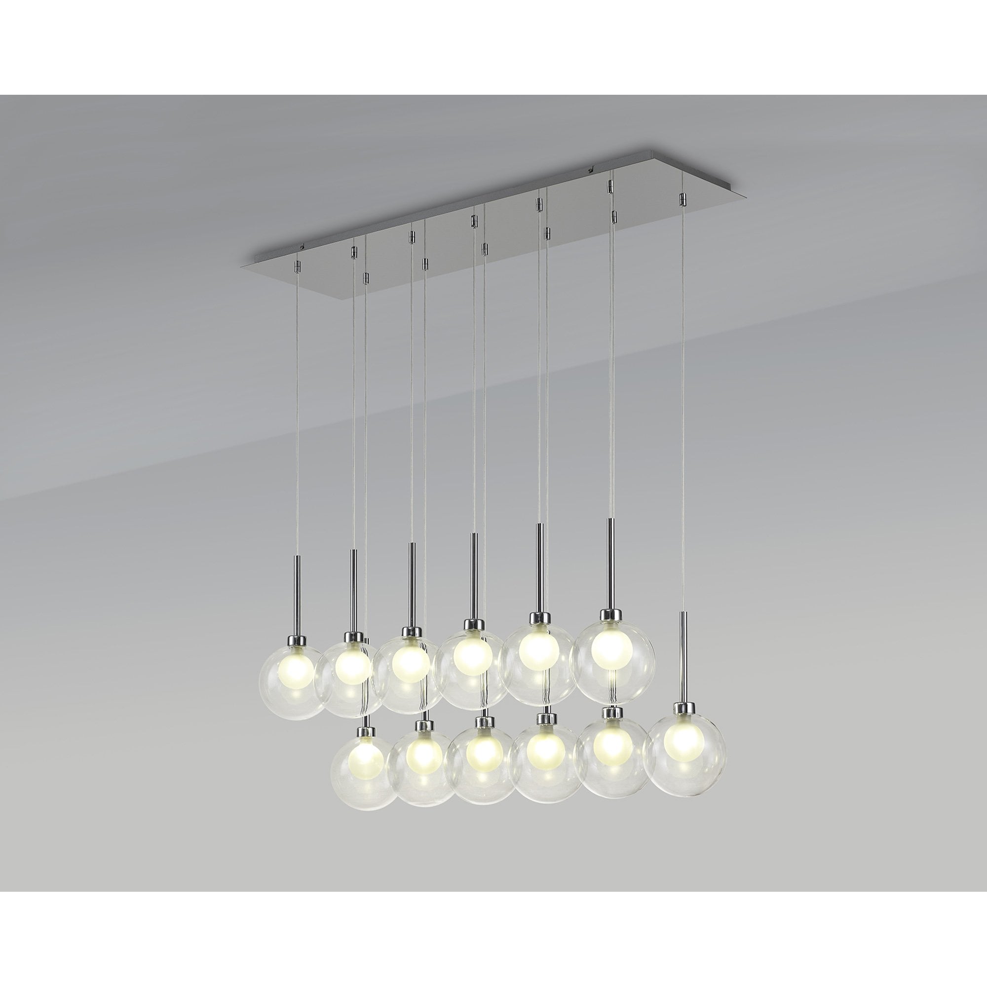 Fabula Tamworth 12 Light Linear Pendant - Round Shades with Inner Frosted Globes - Polished Chrome, Clear & Frosted Glass