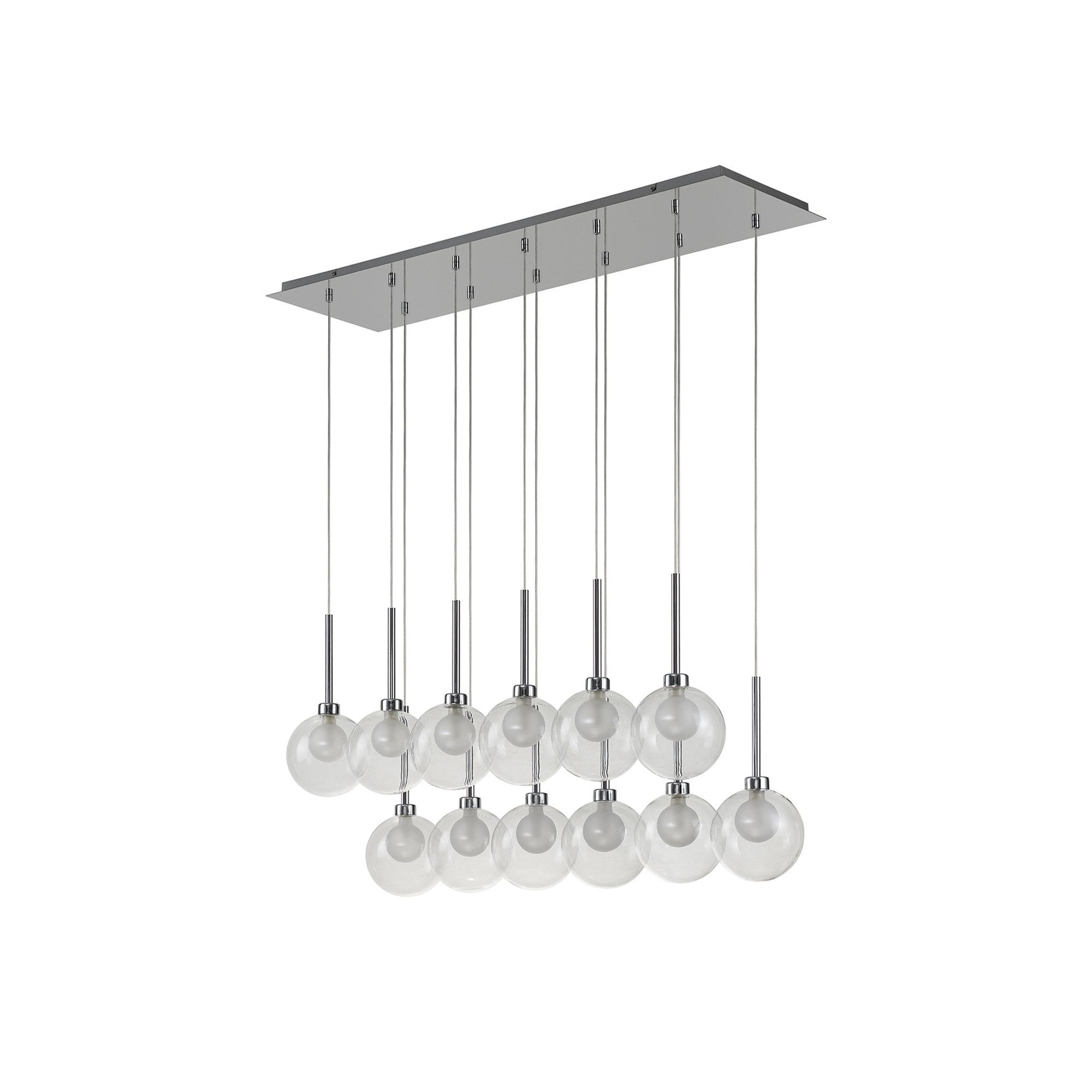 Fabula Tamworth 12 Light Linear Pendant - Round Shades with Inner Frosted Globes - Polished Chrome, Clear & Frosted Glass