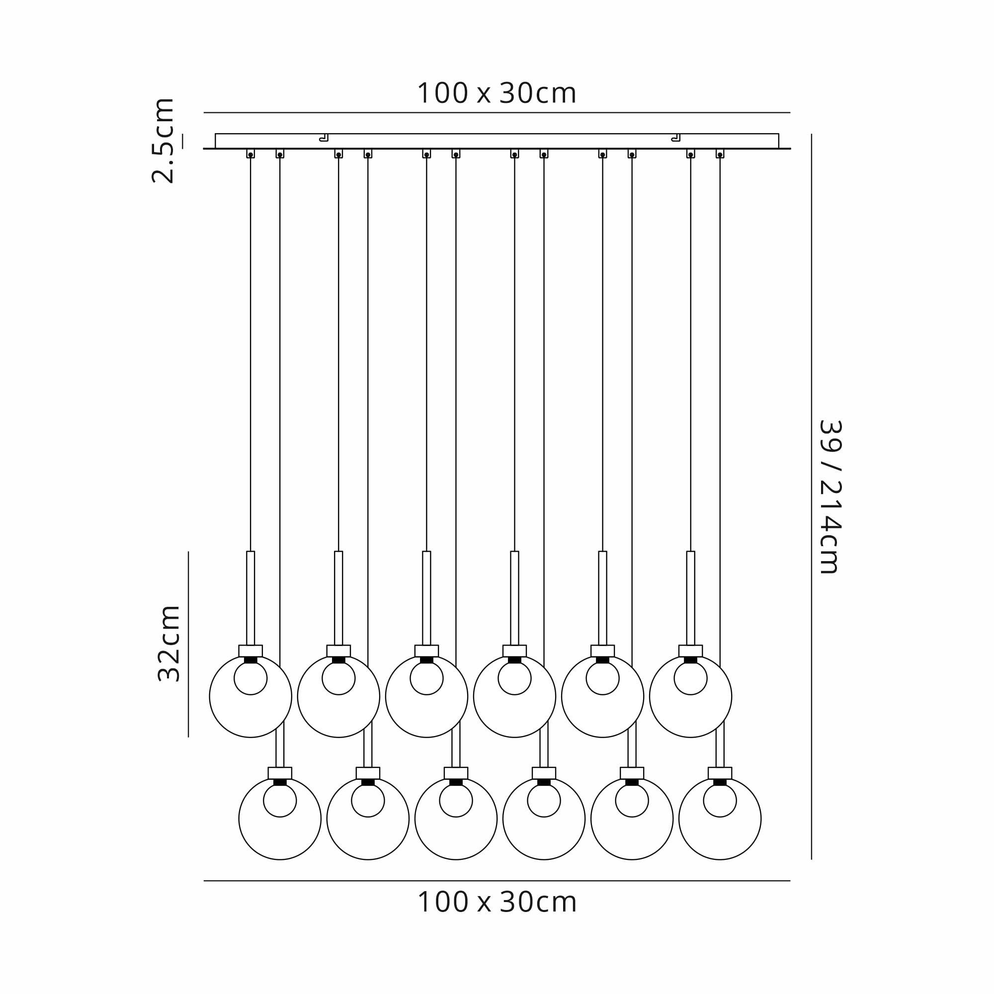 Fabula Tamworth 12 Light Linear Pendant - Round Shades with Inner Frosted Globes - Polished Chrome, Clear & Frosted Glass