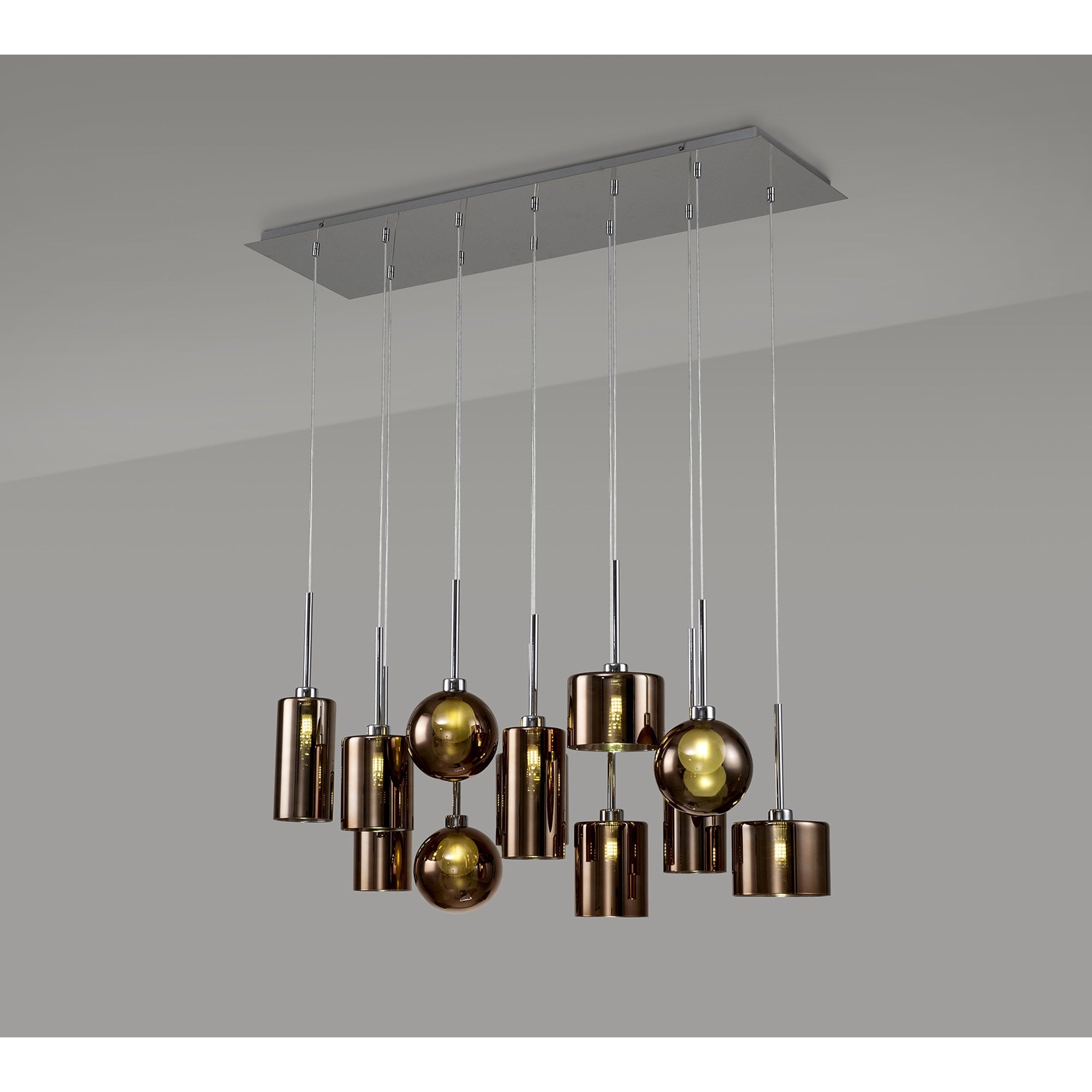 Fabula Tamworth 12 Light Linear Pendant - Mixed Shades G - Polished Chrome, Copper & Frosted Glass