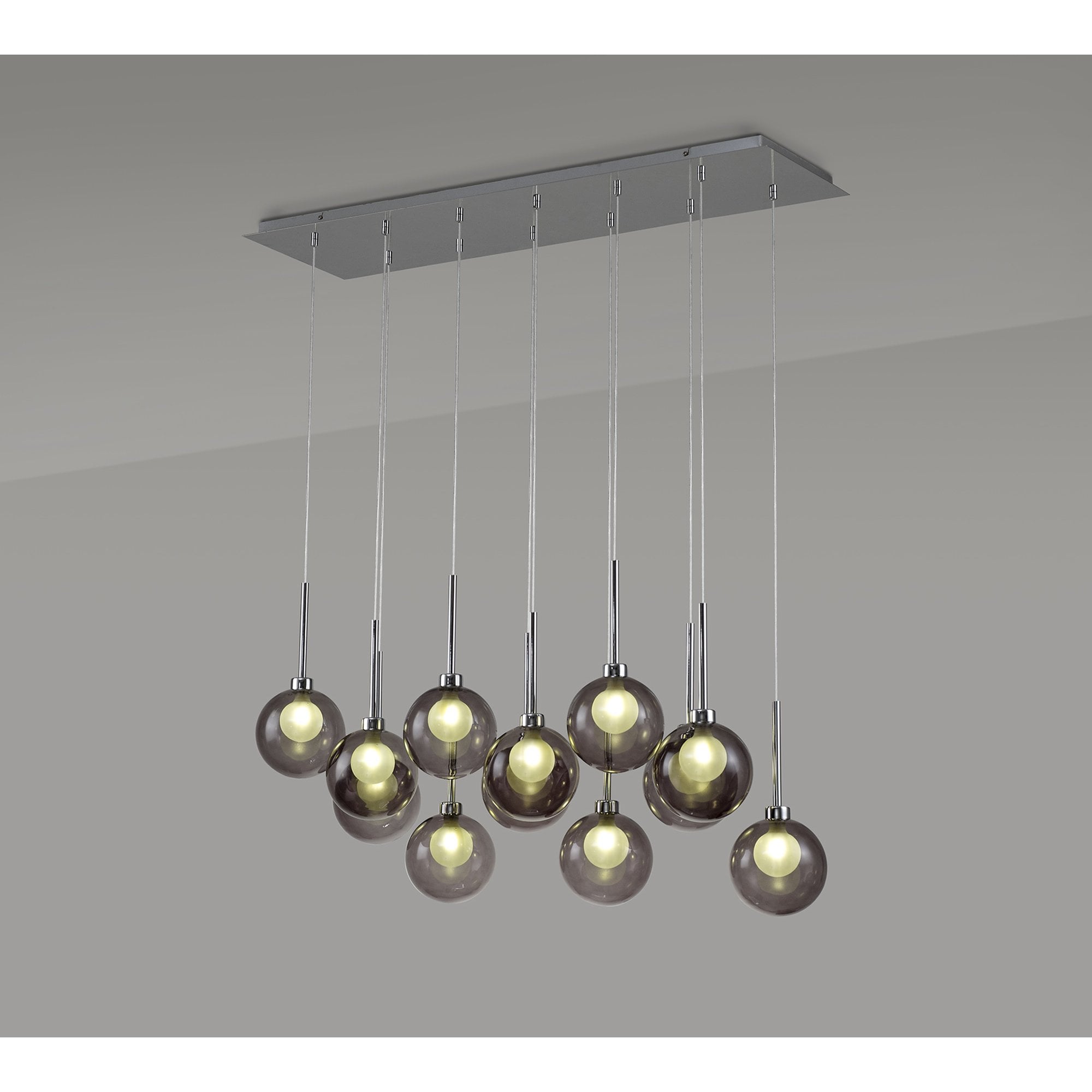 Fabula Tamworth 12 Light Linear Pendant - Round Shades with Inner Frosted Globes - Polished Chrome, Smoked & Frosted Glass