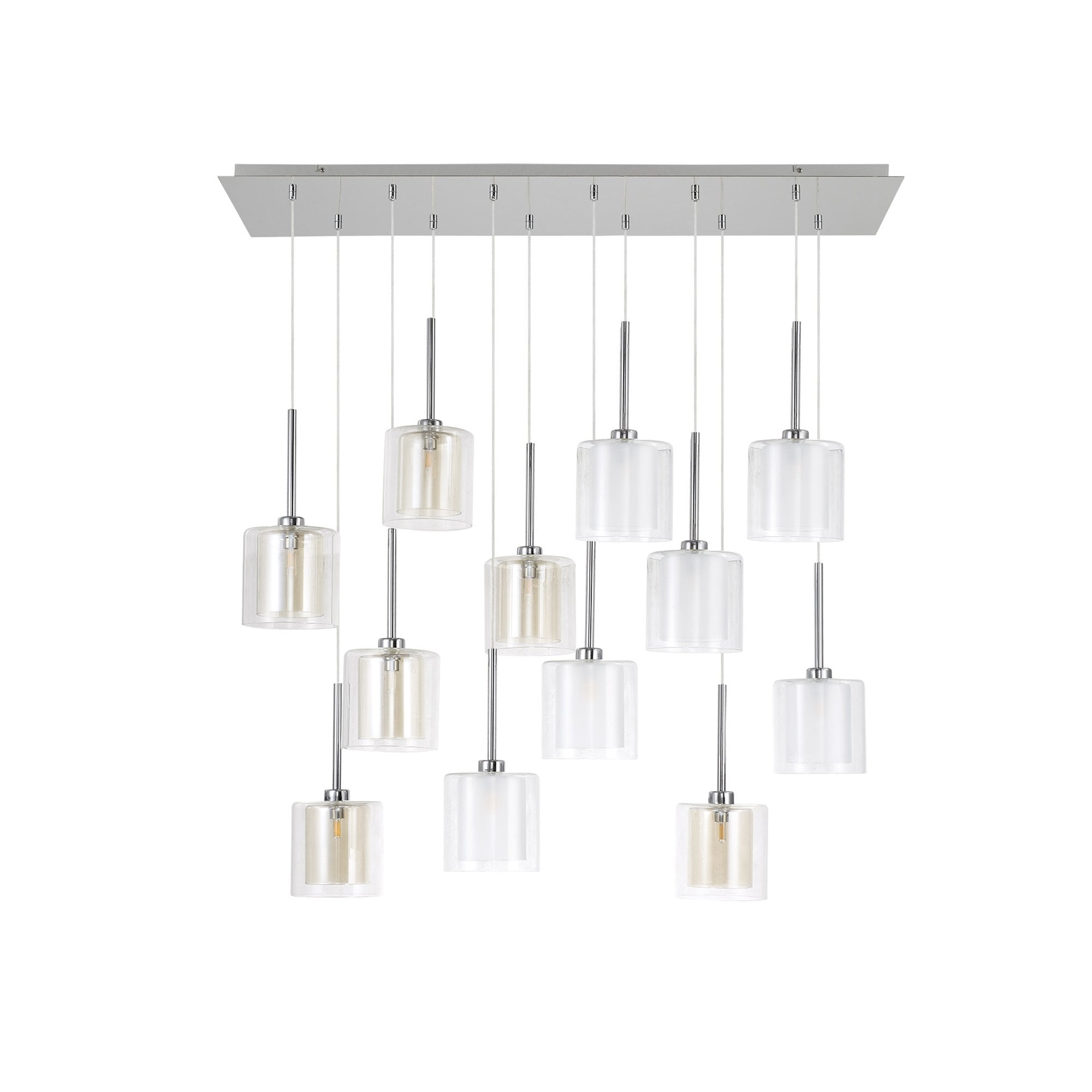 Fabula Tamworth 12 Light Linear Pendant - Medium Cylinder Shades with Clear Outer Glass - Polished Chrome, Frosted, Clear & Cognac Glass