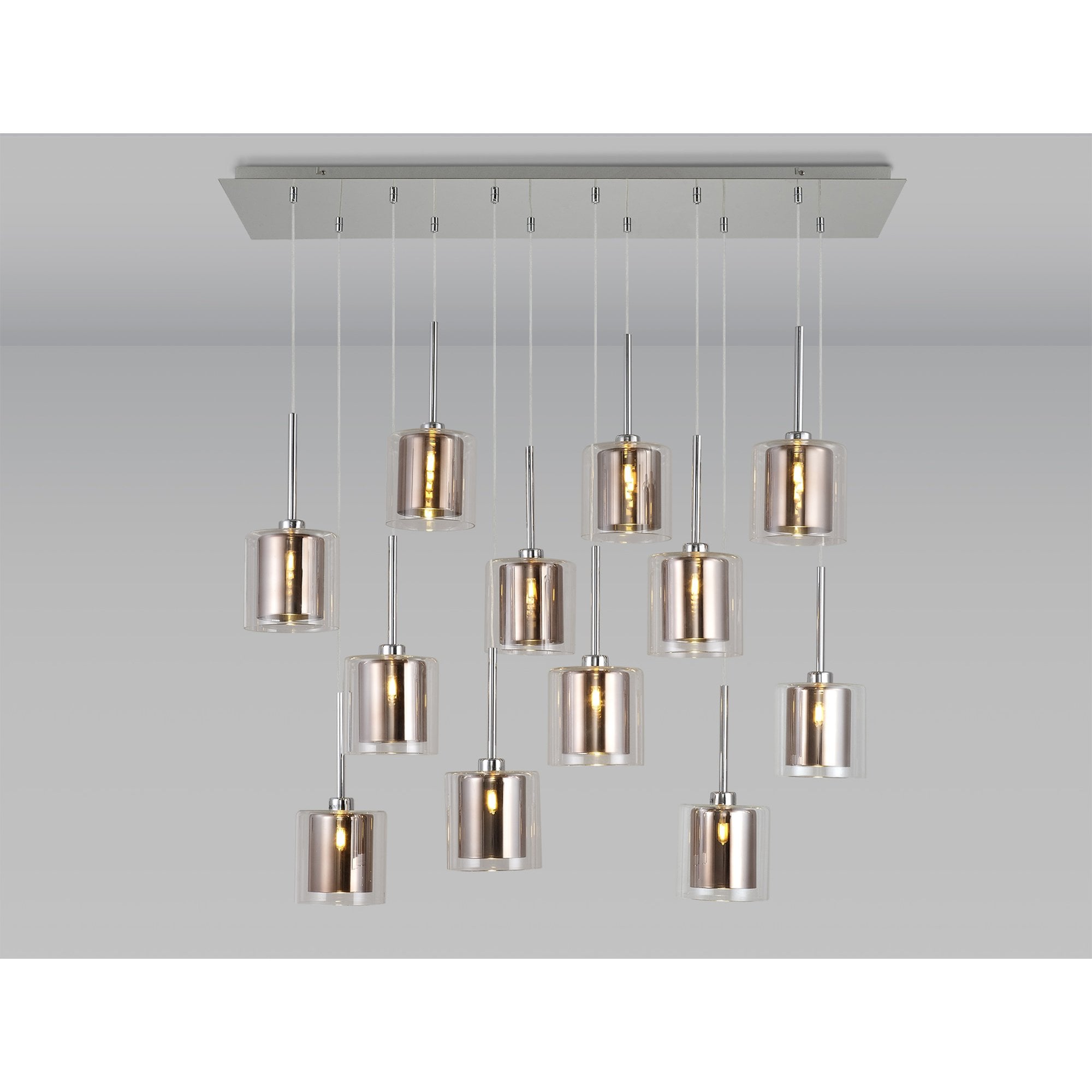 Fabula Tamworth 12 Light Linear Pendant - Medium Cylinder Shades with Clear Outer Glass - Polished Chrome, Copper & Clear Glass