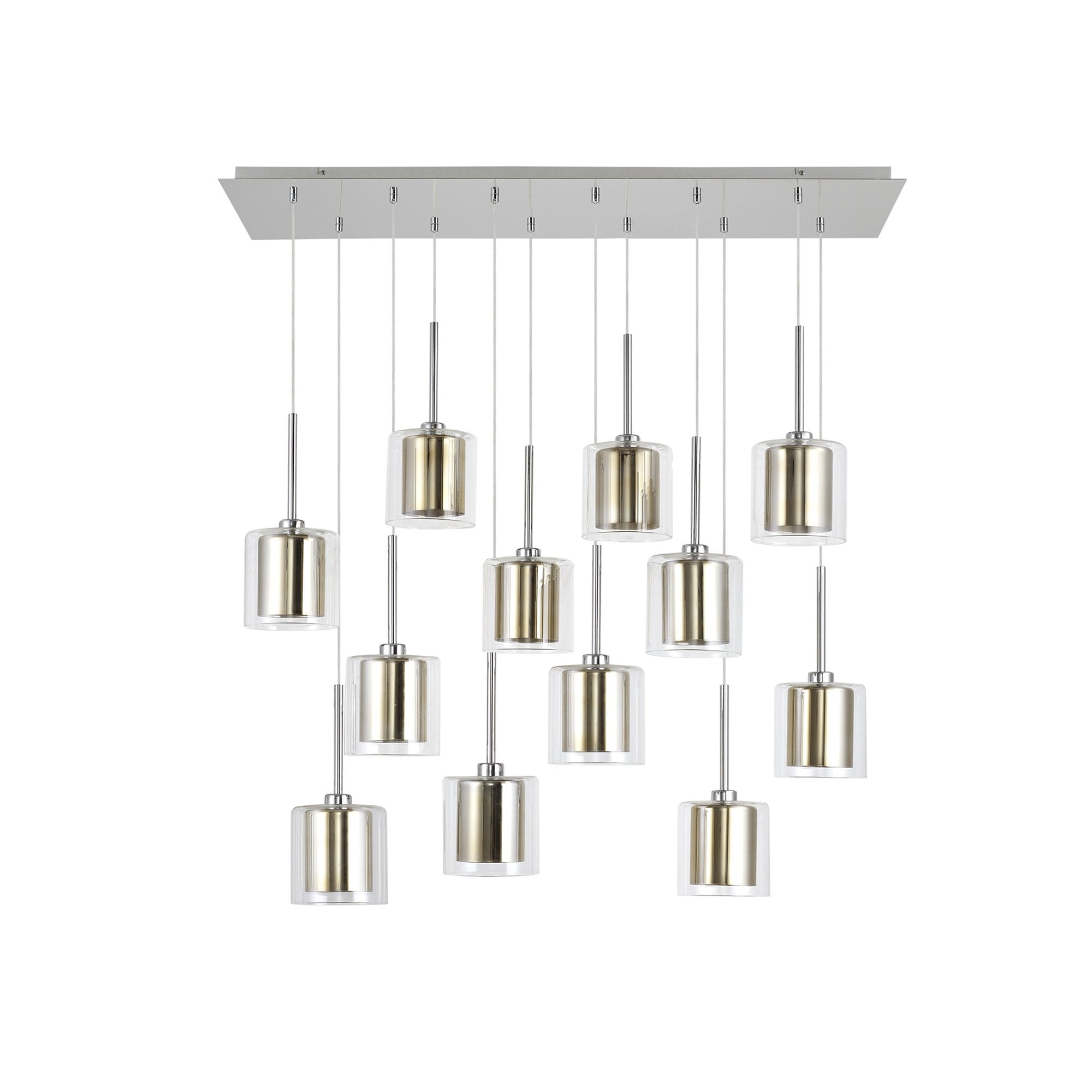 Fabula Tamworth 12 Light Linear Pendant - Medium Cylinder Shades with Clear Outer Glass - Polished Chrome, Gold & Clear Glass