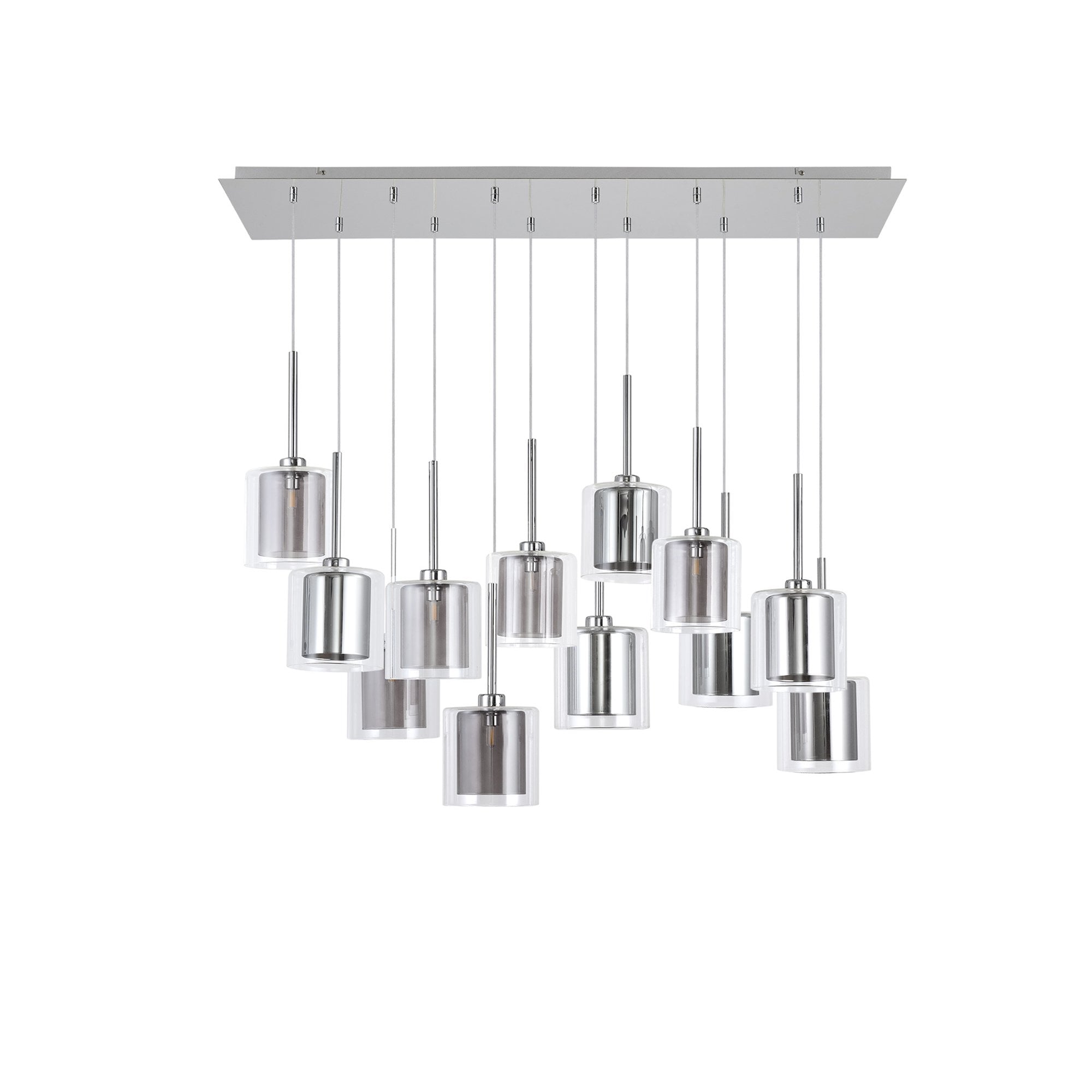 Fabula Tamworth 12 Light Linear Pendant - Medium Cylinder Shades with Clear Outer Glass - Polished Chrome, Chrome, Clear & Smoked Glass
