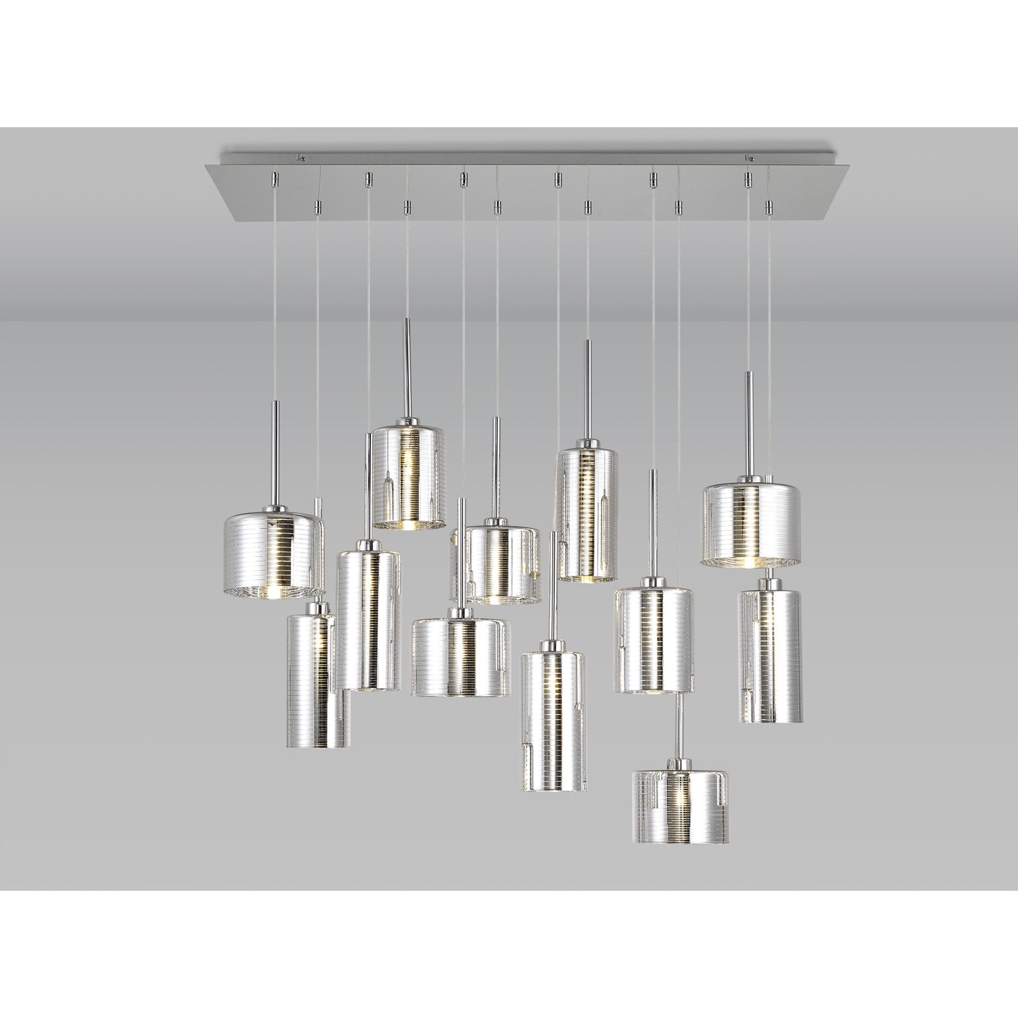 Fabula Tamworth 12 Light Linear Pendant - Mixed Cylinder Shades - Polished Chrome & Chrome Glass