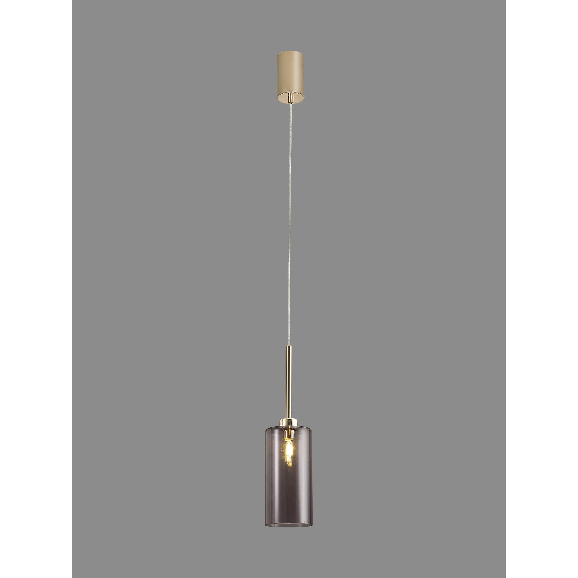 Fabula Tamworth Single Pendant - Tall Cylinder Shade - French Gold & Smoked Glass
