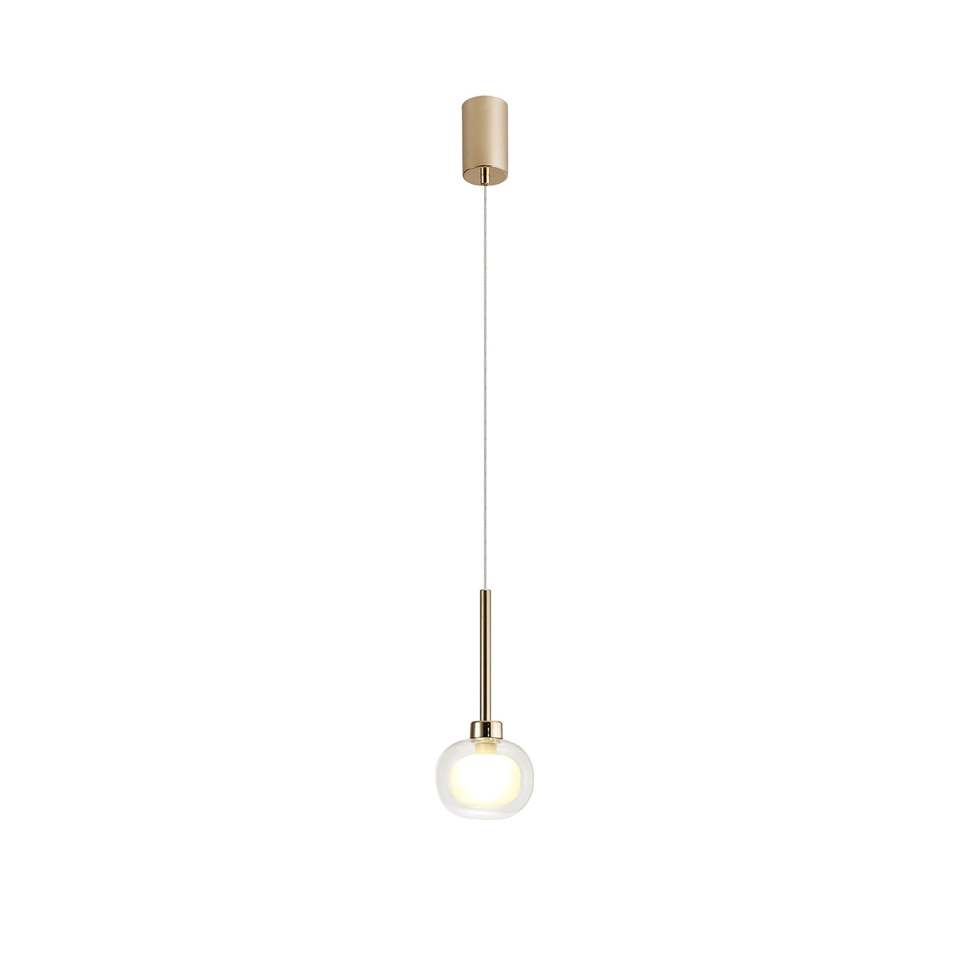 Fabula Tamworth Single Pendant - Flattened Round Shade with Inner Frosted Globe - French Gold, Clear & Frosted Glass