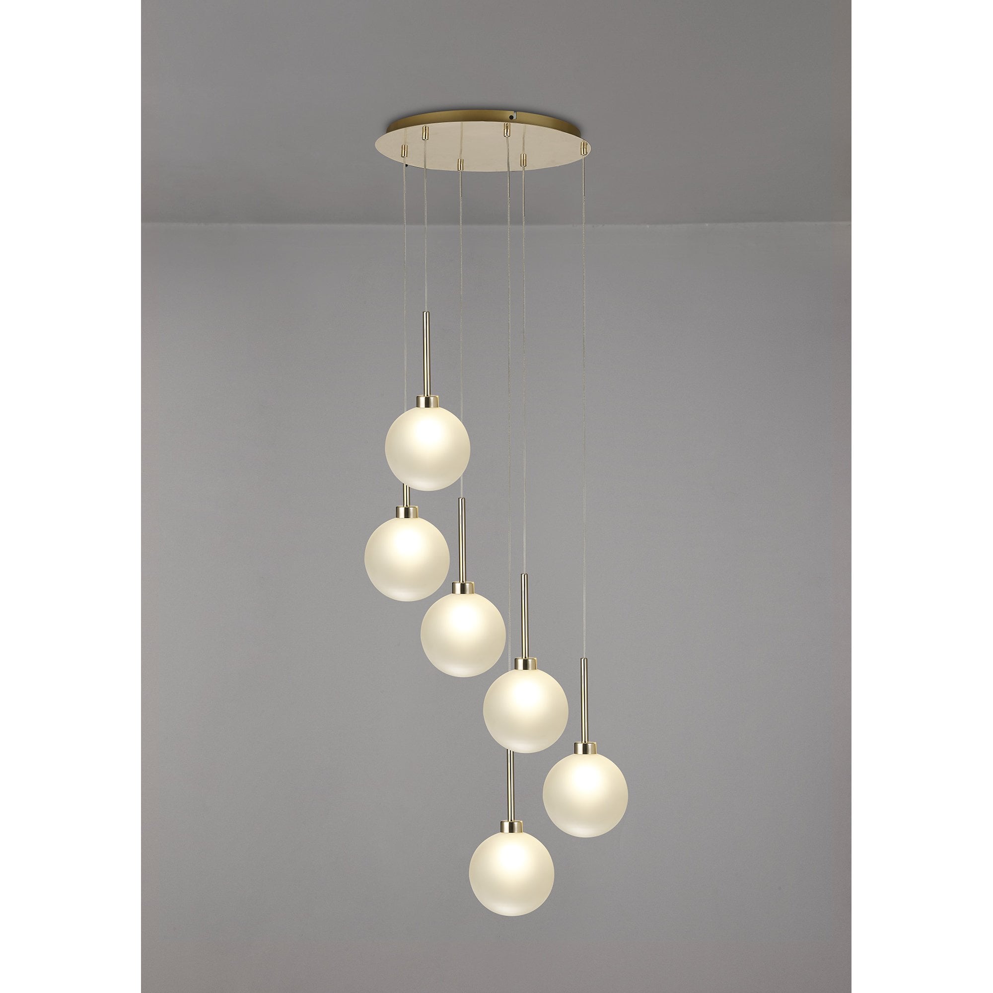 Fabula Tamworth 6 Light Round Pendant - Round Shades with Inner Frosted Globes - French Gold & Frosted Glass