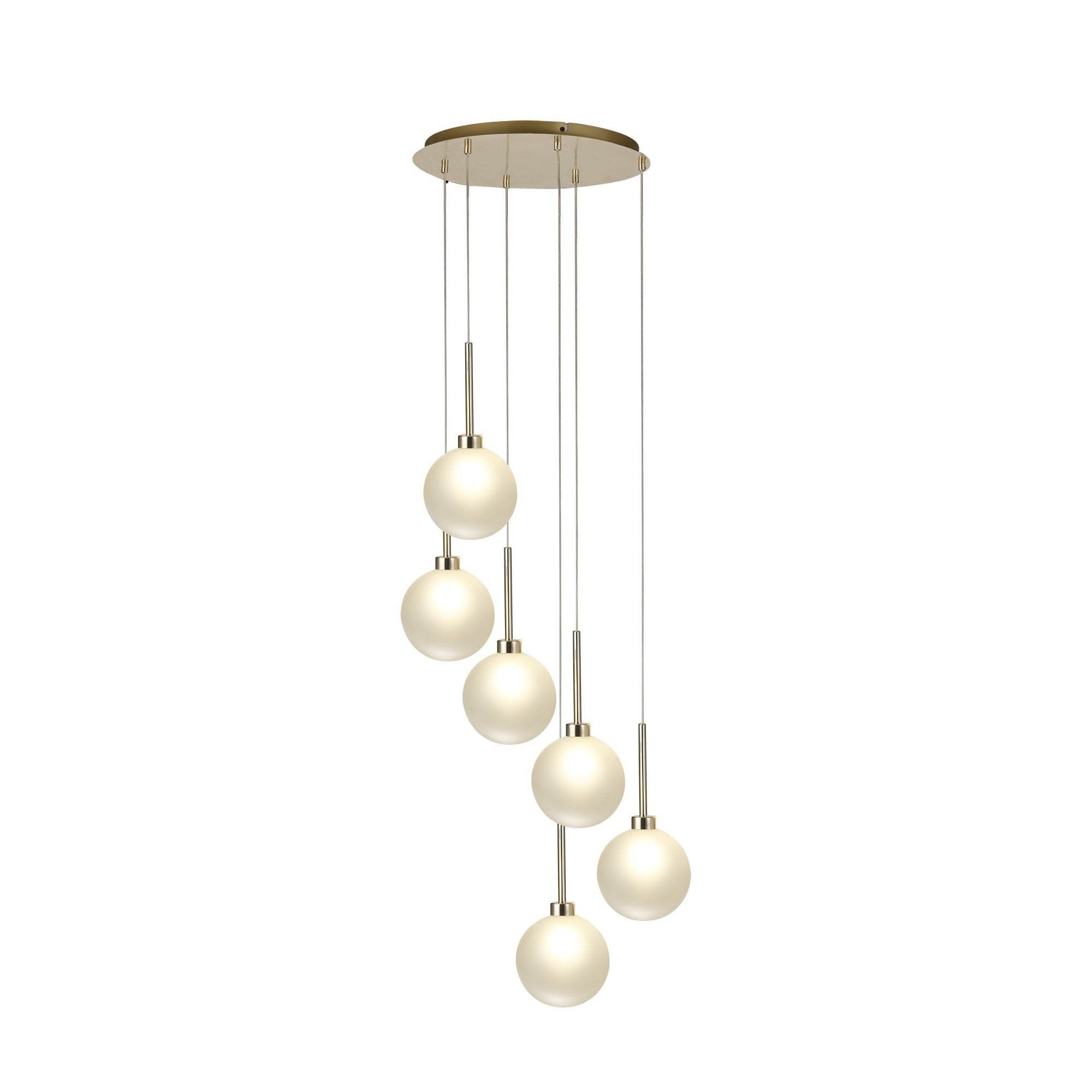 Fabula Tamworth 6 Light Round Pendant - Round Shades with Inner Frosted Globes - French Gold & Frosted Glass