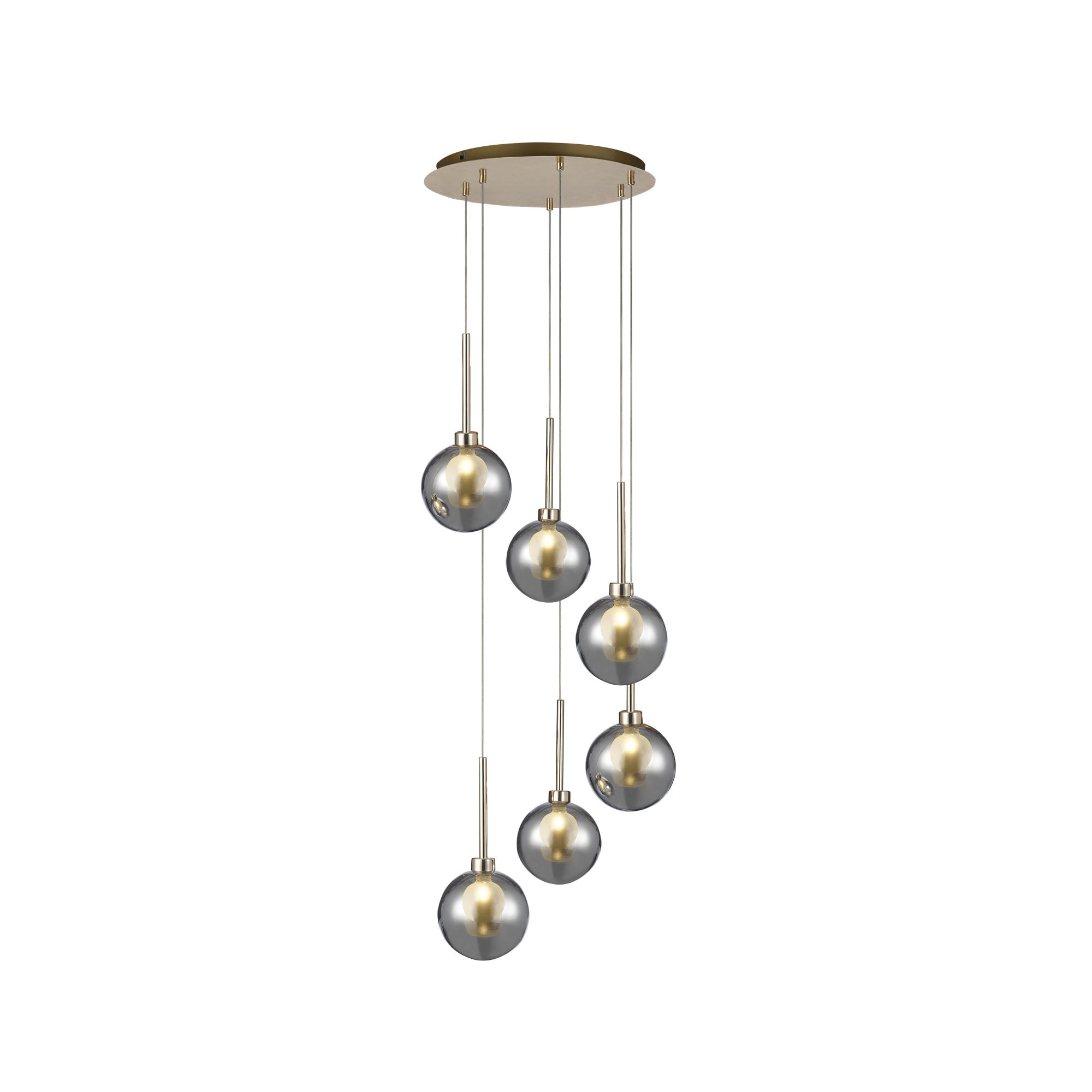 Fabula Tamworth 6 Light Round Pendant - Round Shades with Inner Frosted Globes - French Gold, Chrome & Frosted Glass