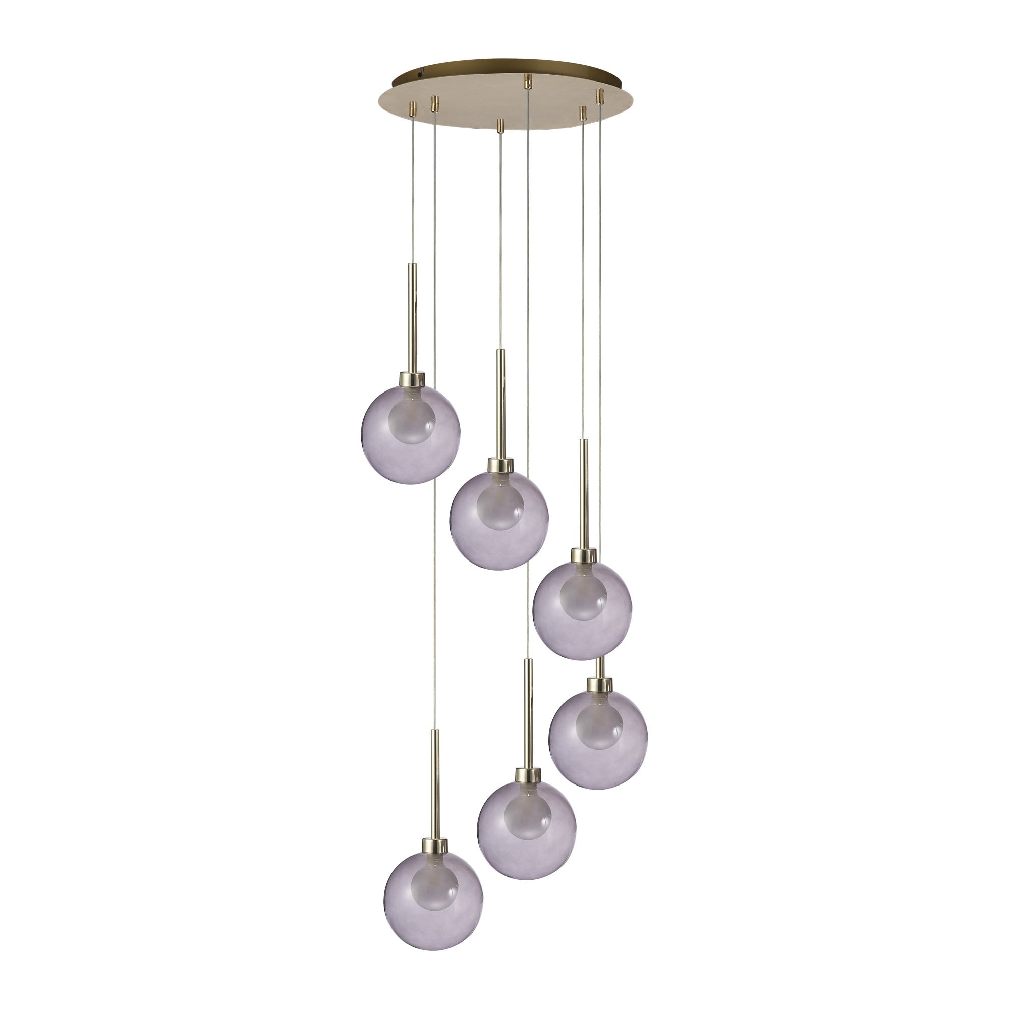 Fabula Tamworth 6 Light Round Pendant - Round Shades with Inner Frosted Globes - French Gold, Smoked & Frosted Glass