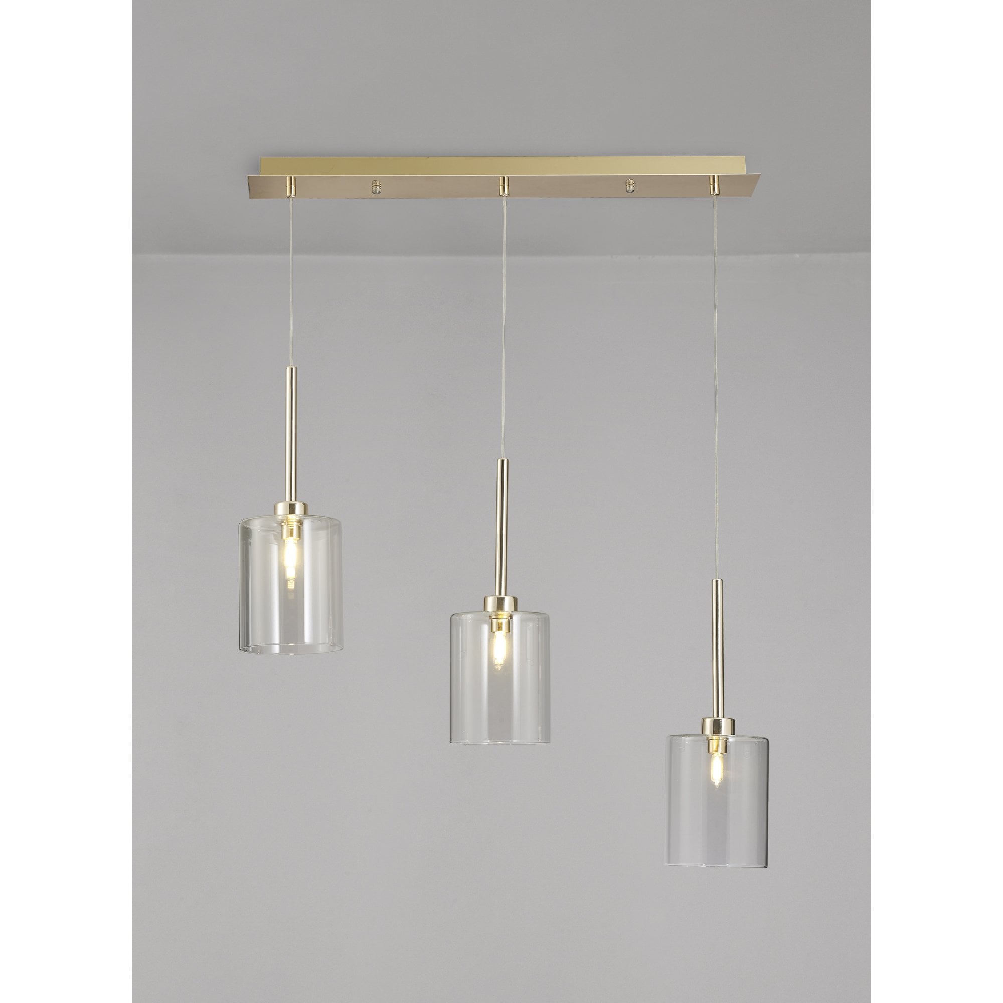 Fabula Tamworth 3 Light Linear Pendant - Medium Cylinder Shades - French Gold & Clear Glass