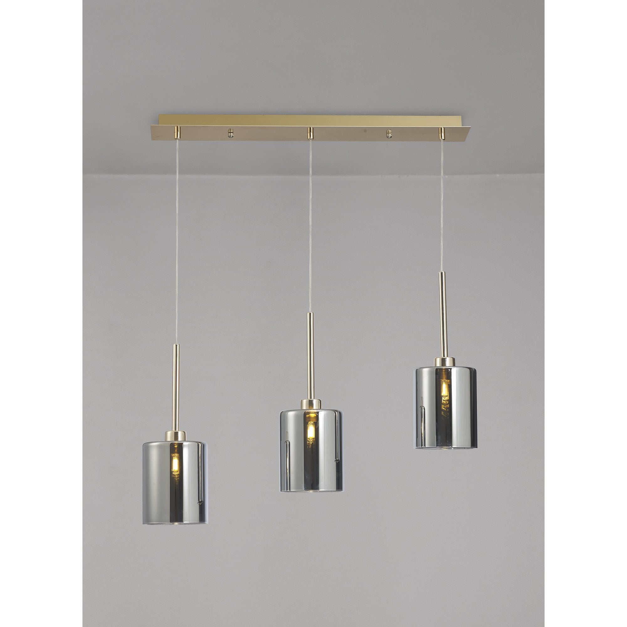 Fabula Tamworth 3 Light Linear Pendant - Medium Cylinder Shades - French Gold & Chrome Glass